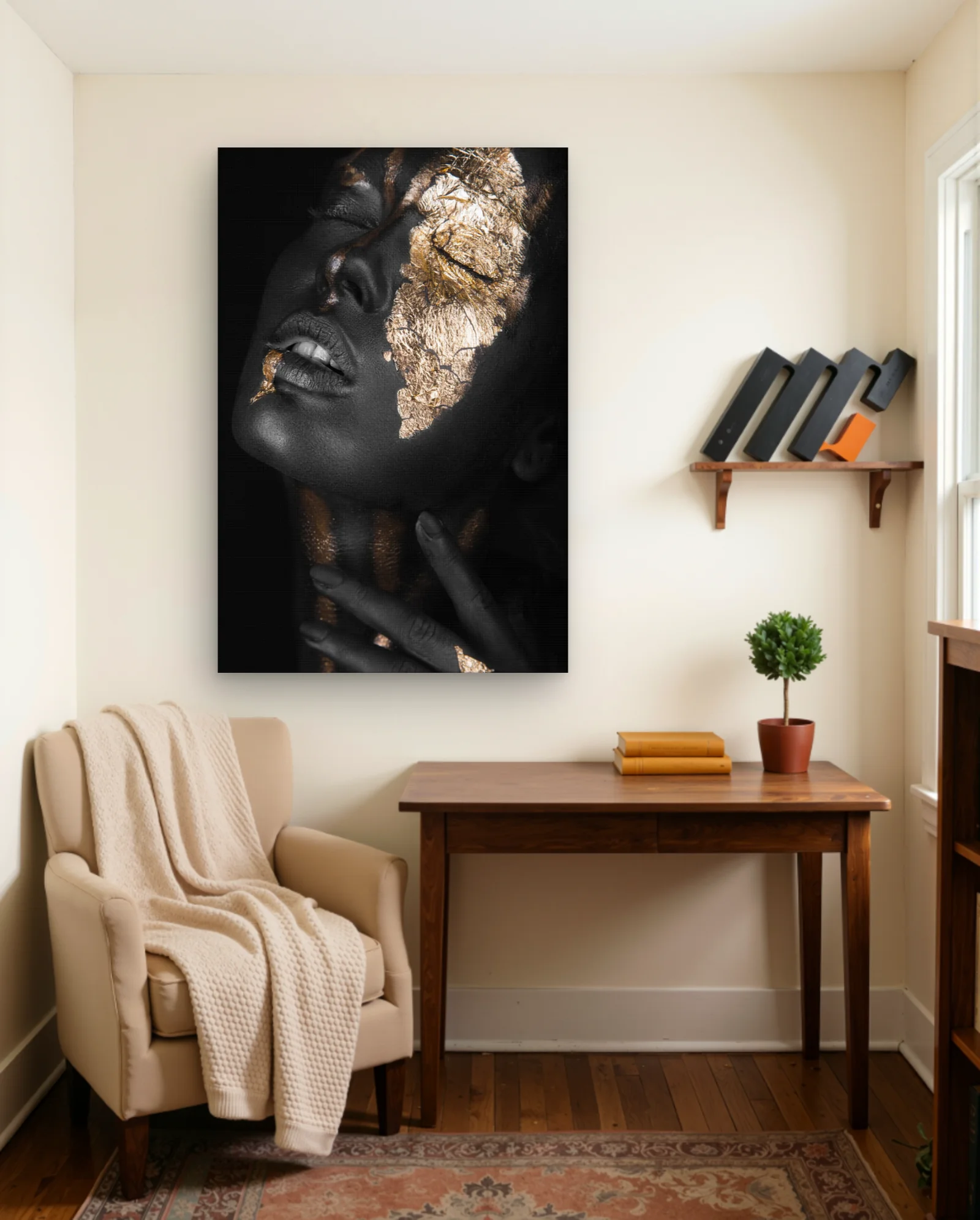 Black Face Gold Leaf Makeup Wall Art — framed wall art poster by Memocult