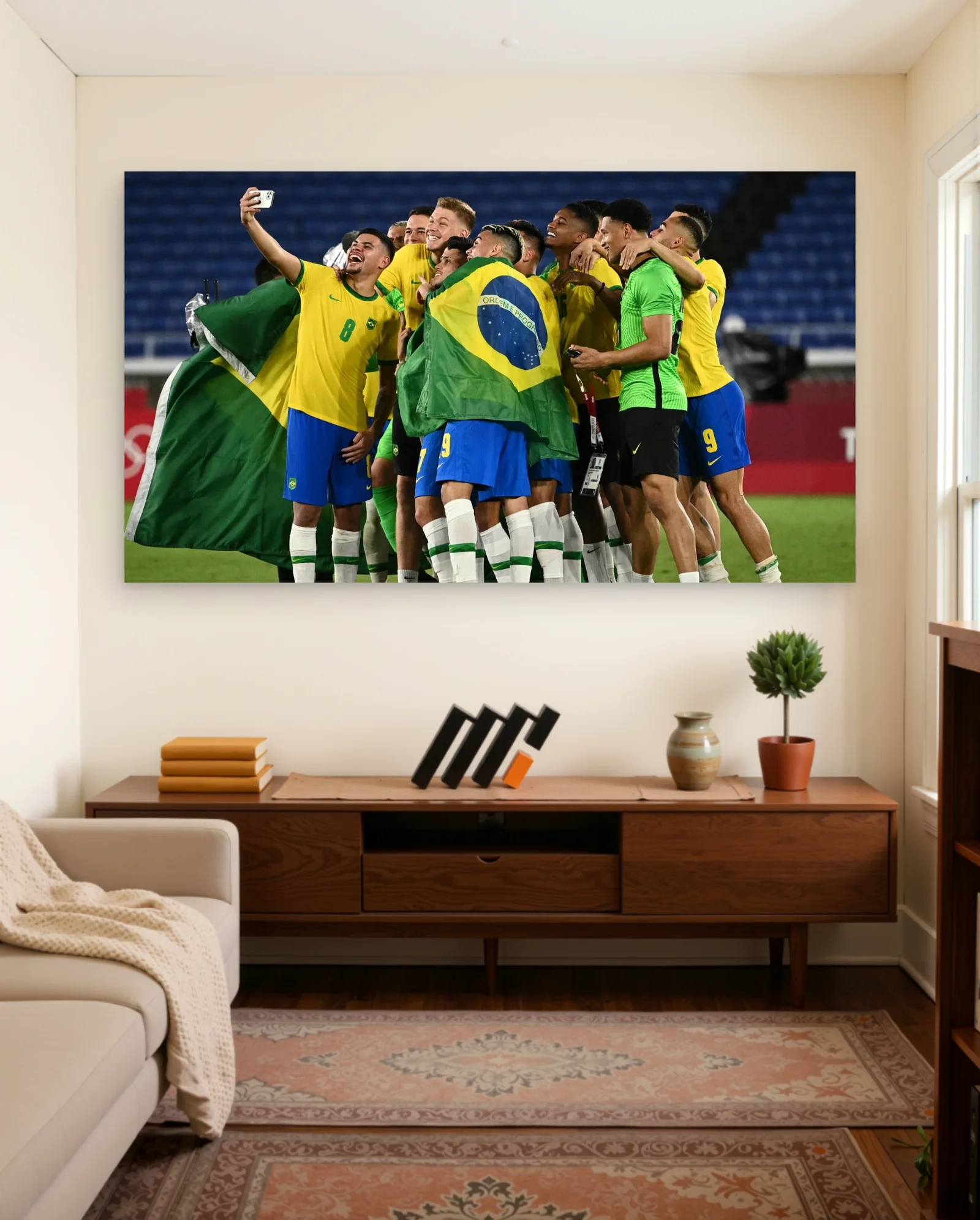Brazil National Football Team Selfie Celebration Poster — framed wall art poster by Memocult