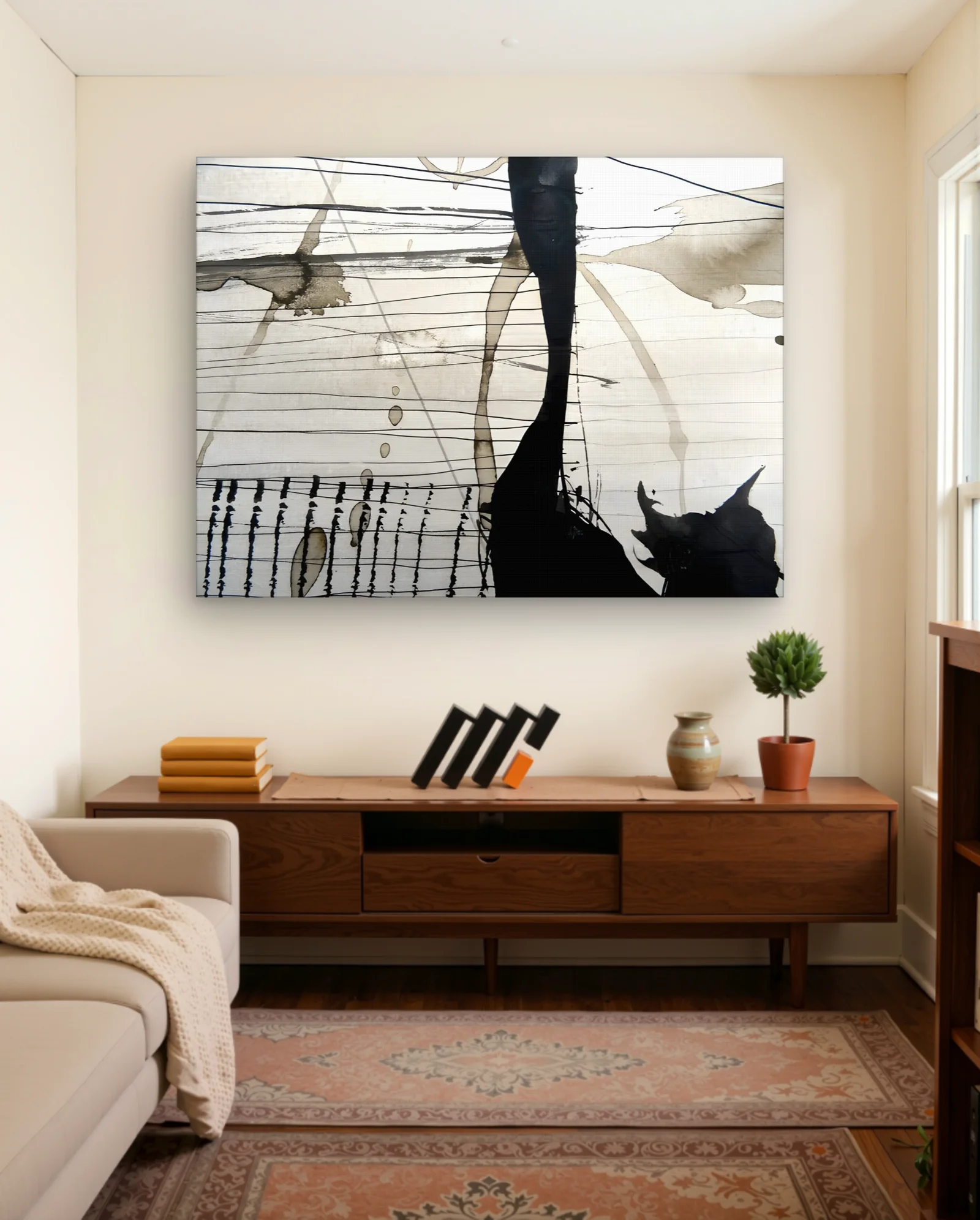 Monochrome Ink Drift — Horizontal Wire Lines with Dark Splash — Abstract abstract & modern wall art poster