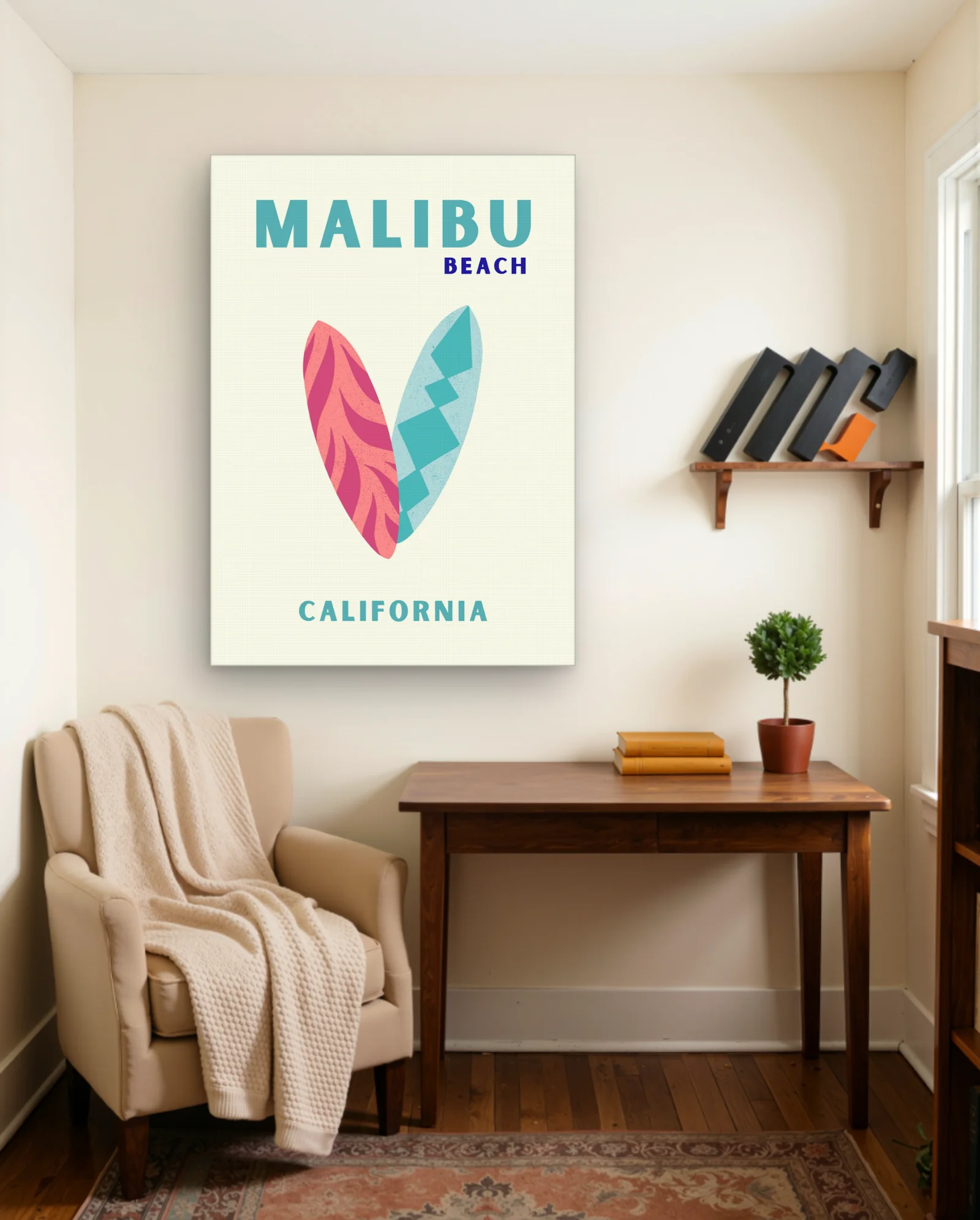 Malibu Beach — Twin Surfboard Heart Graphic (Cream Background) — Modern Digital Art abstract & modern wall art poster