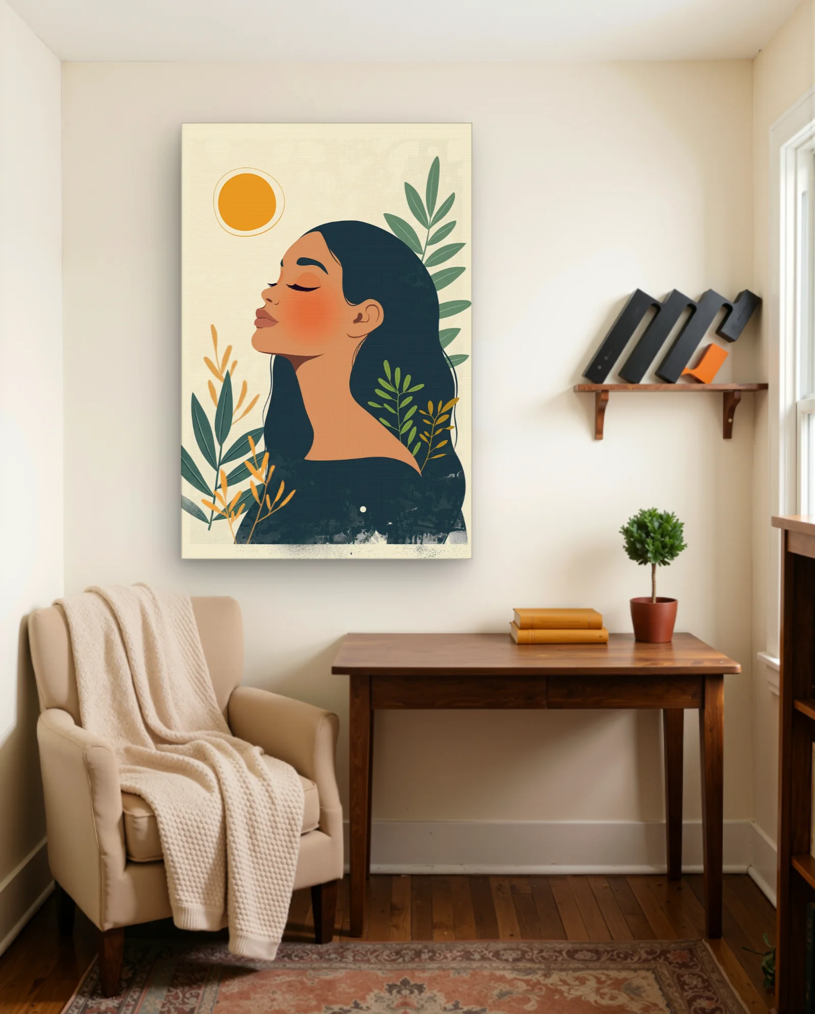 Woman Profile With Sun And Leaves Wall Art — Modern Digital Art abstract & modern wall art poster