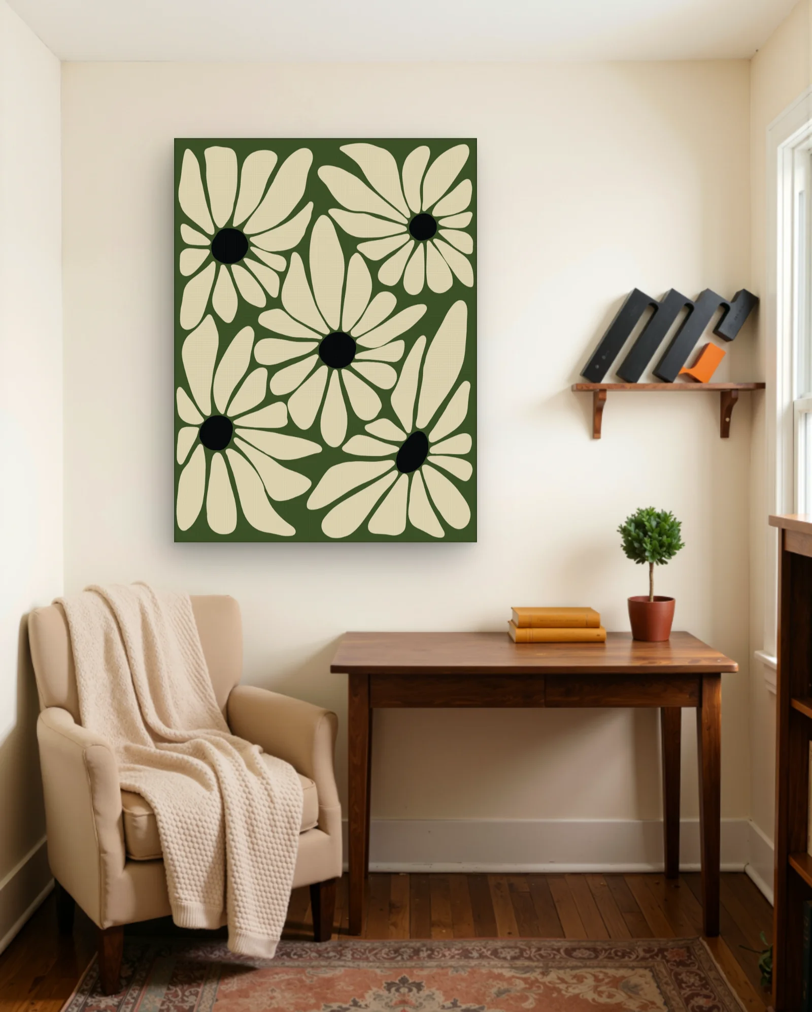Cream Daisies On Olive Green Wall Art — framed wall art poster by Memocult