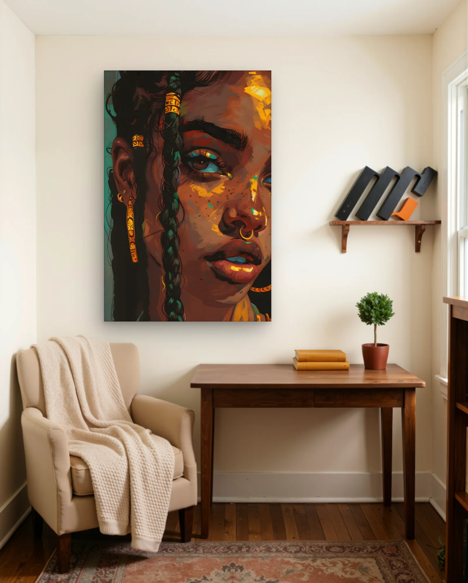 Afro Woman Braided Portrait Gold Accents Wall Art — framed wall art poster by Memocult