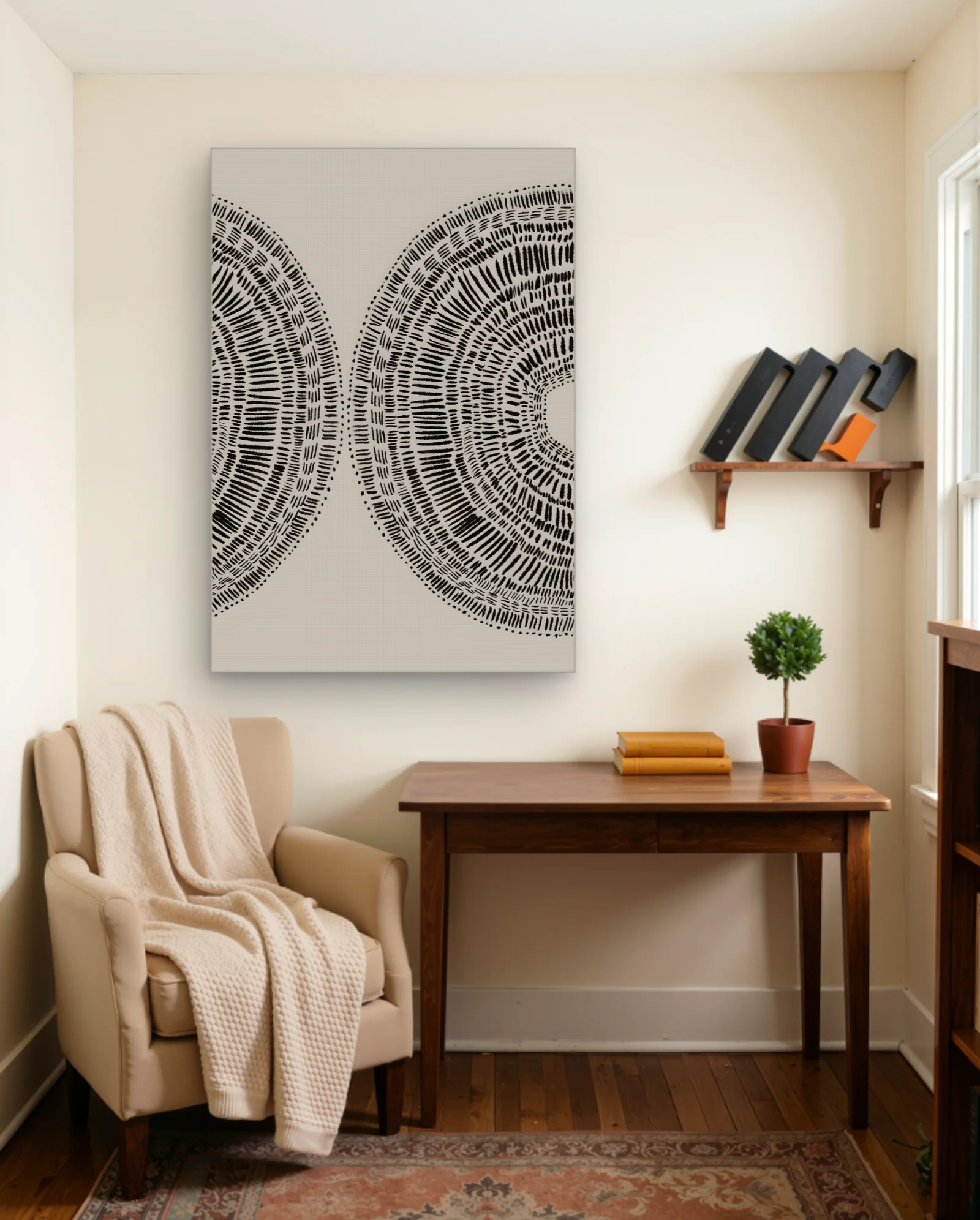Twin Concentric Dash Rings Beige Black Wall Art — framed wall art poster by Memocult