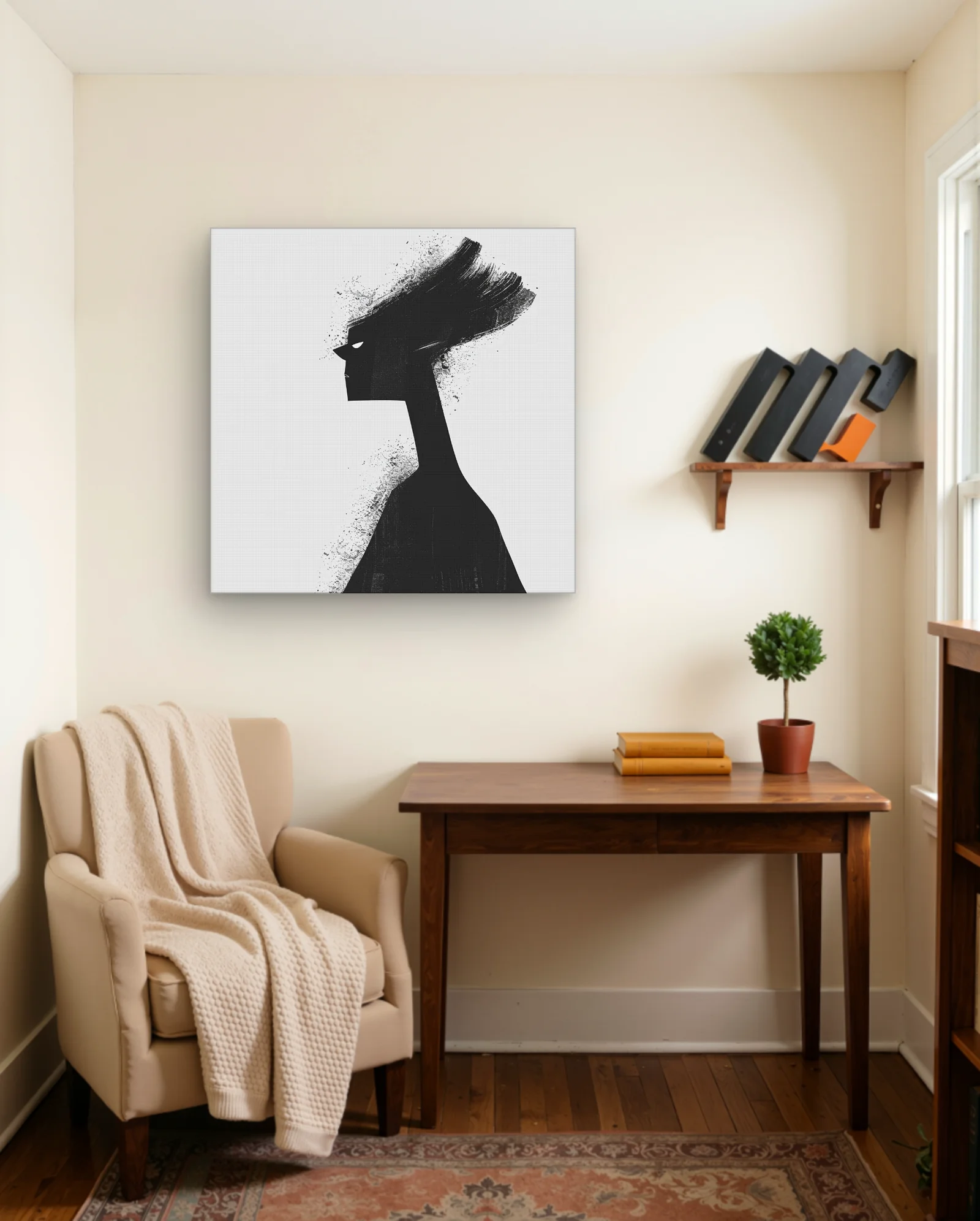 Wind‑Swept Profile — Monochrome Silhouette with Splatter — Abstract abstract & modern wall art poster