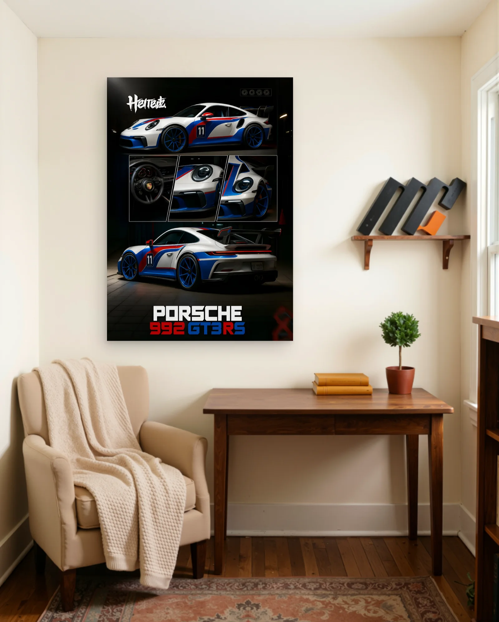 Porsche 992 GT3 RS White Blue Red 11 Poster — framed wall art poster by Memocult