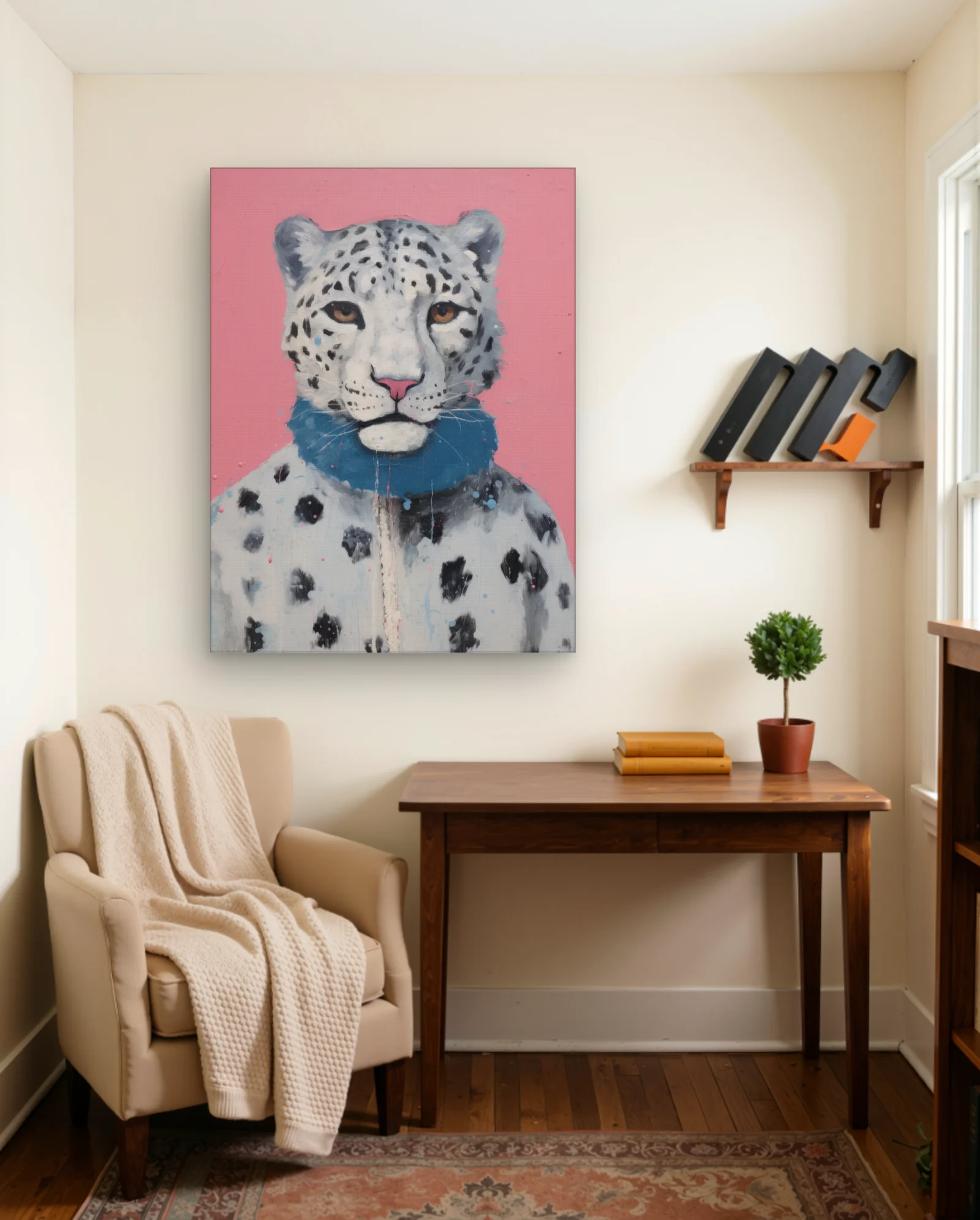 Snow Leopard Blue Neck Splash Wall Art — framed wall art poster by Memocult