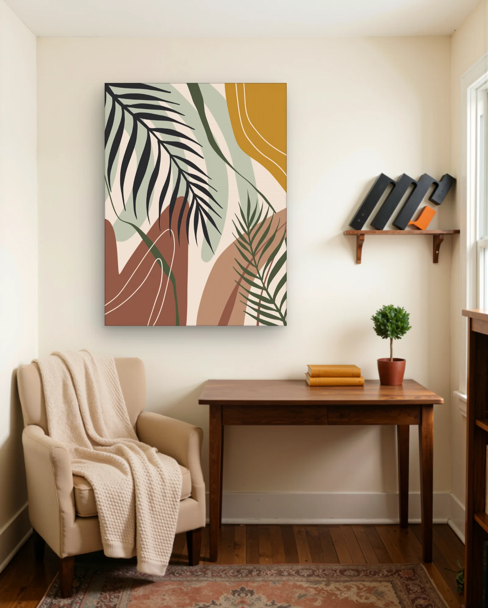 Terracotta Olive Palm Leaves Abstract Wall Art — framed wall art poster by Memocult