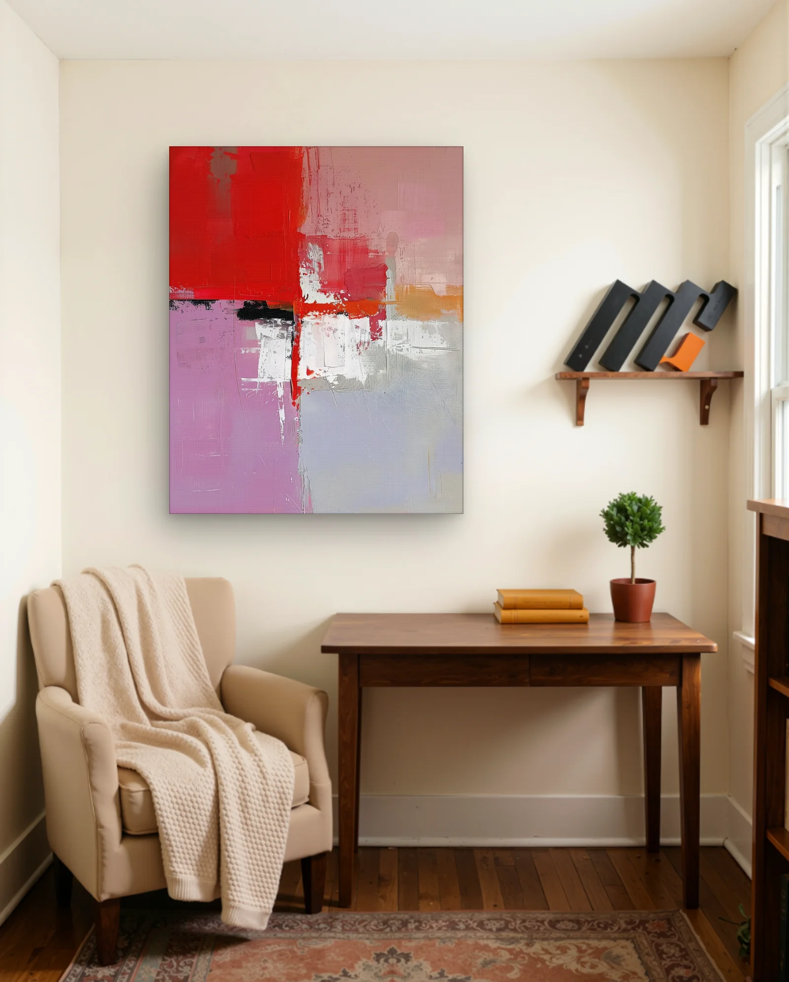Crimson Column over Lavender Field — Textured Acrylic Abstract — framed wall art poster by Memocult