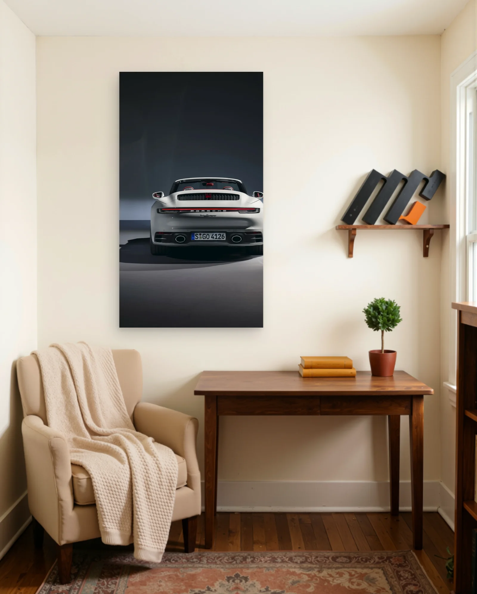 White Porsche 911 Carrera S Convertible Rear Poster — framed wall art poster by Memocult