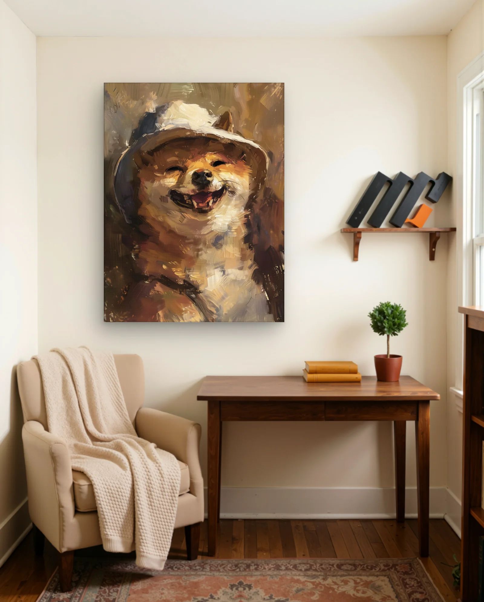 Shiba Inu Laughing With Hat Wall Art — framed wall art poster by Memocult