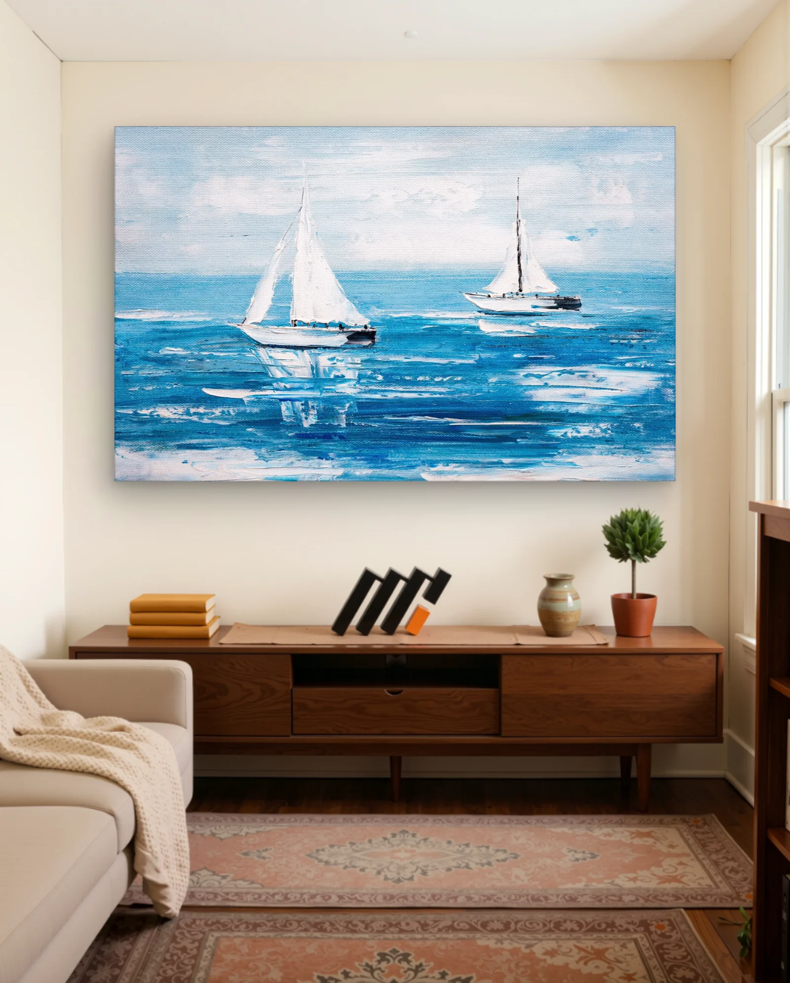 Two White Sailboats Blue Sea Wall Art — framed wall art poster by Memocult