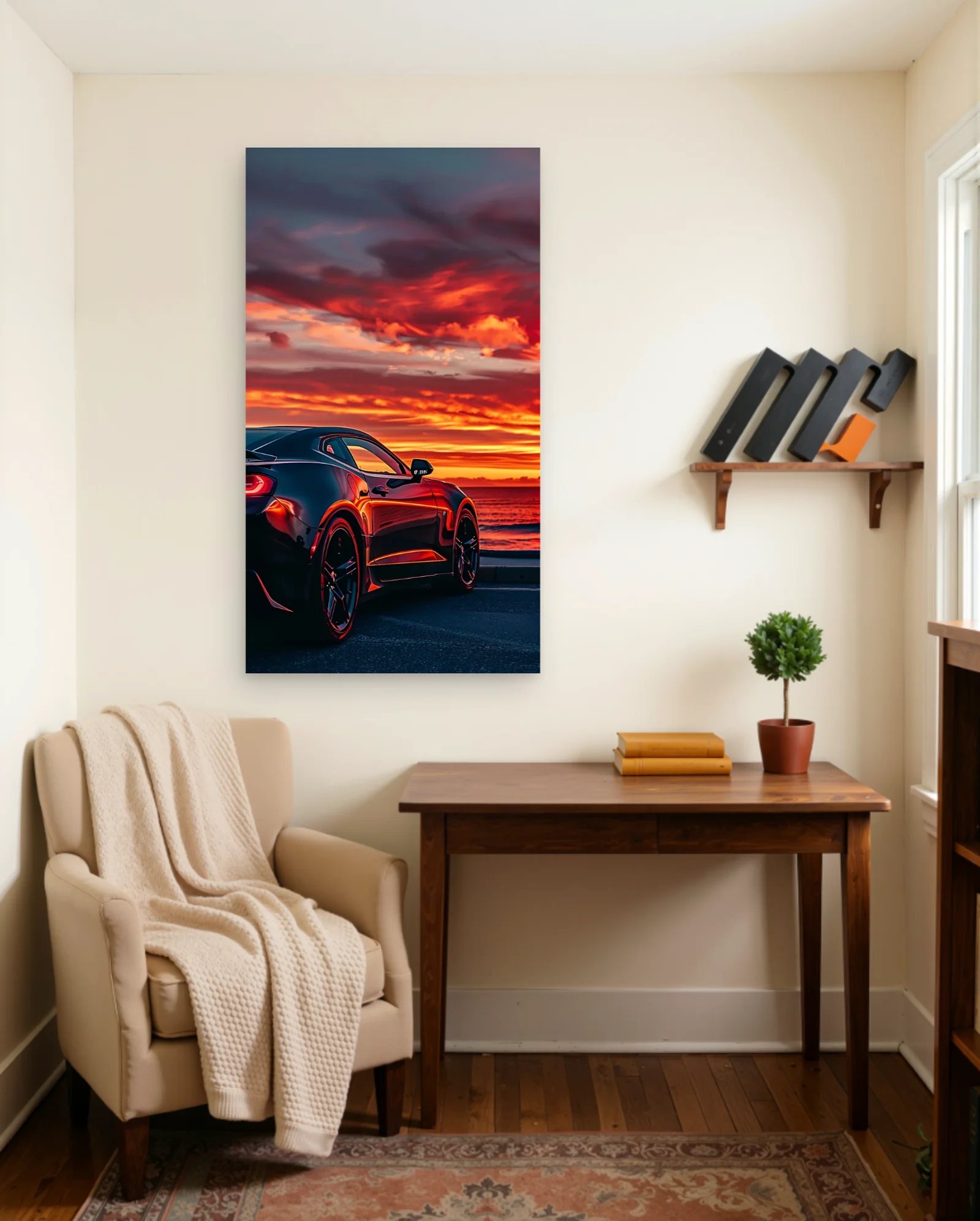 Black Sports Car Sunset Reflection Poster — framed wall art poster by Memocult