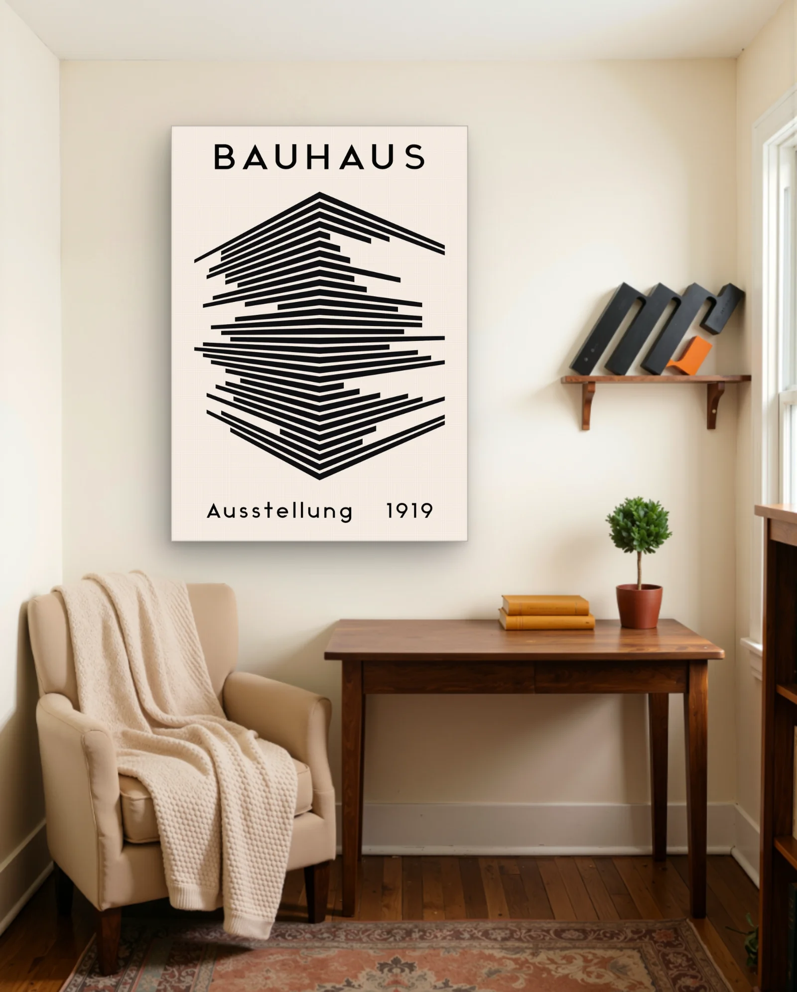 Bauhaus — Layered Black-Stripe Building Poster (Ausstellung 1919) — framed wall art poster by Memocult