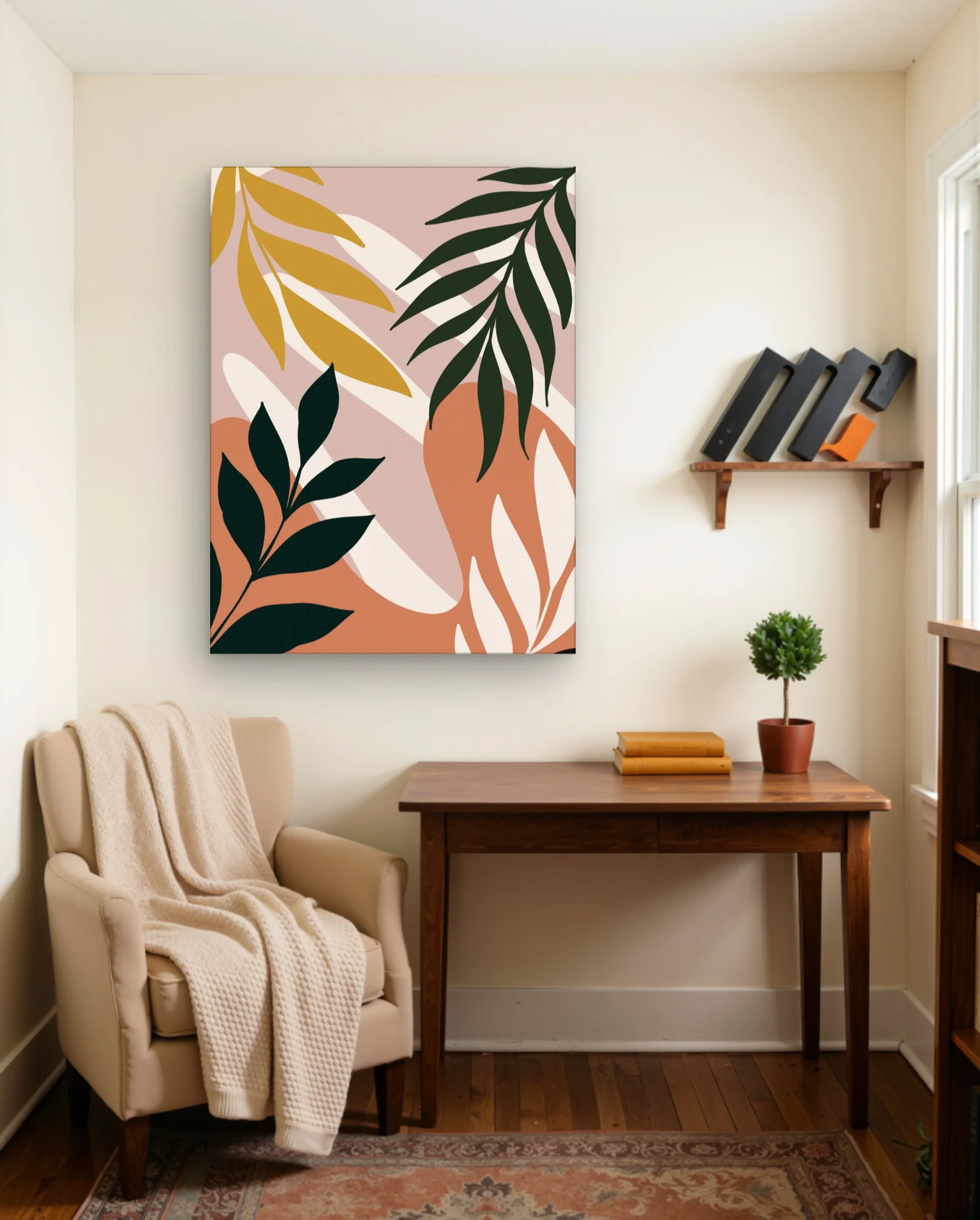 Mustard Yellow Green Abstract Leaves Wall Art — framed wall art poster by Memocult