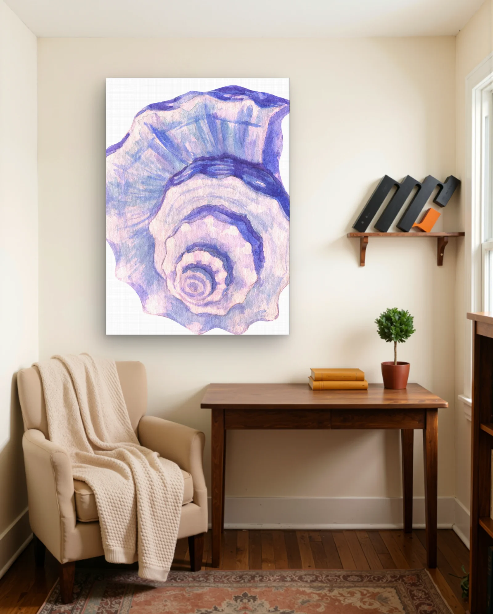 Lavender Blue Seashell Watercolor Wall Art — framed wall art poster by Memocult