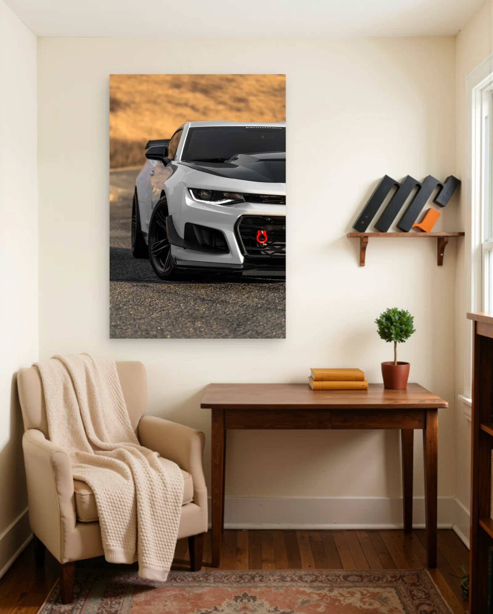 Silver Chevrolet Camaro Red Tow Hook Poster — framed wall art poster by Memocult