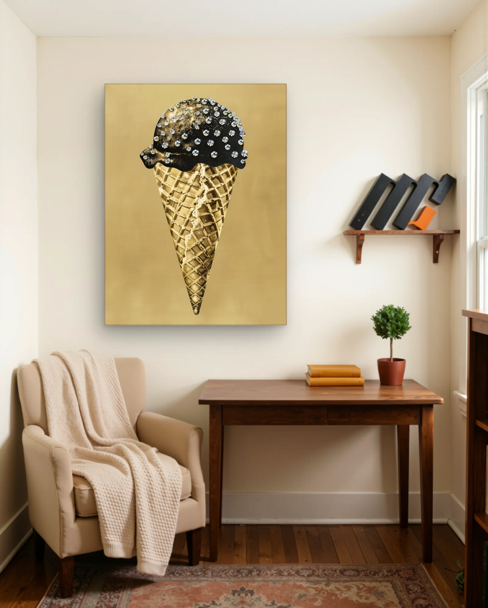 Gold Waffle Cone With Black Jewel Scoop Wall Art — framed wall art poster by Memocult