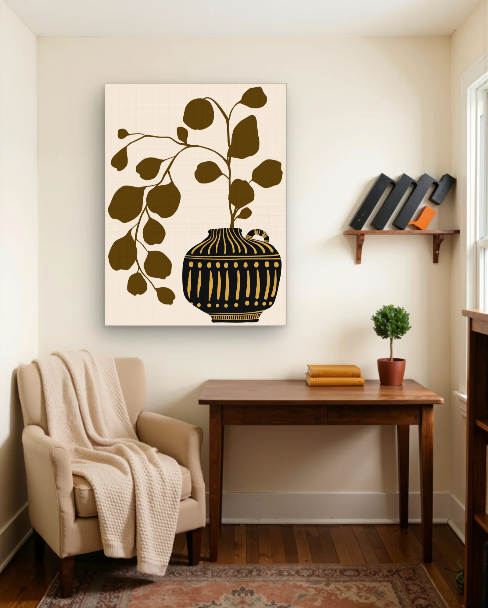 Golden Eucalyptus In Striped Black Vase Wall Art — framed wall art poster by Memocult