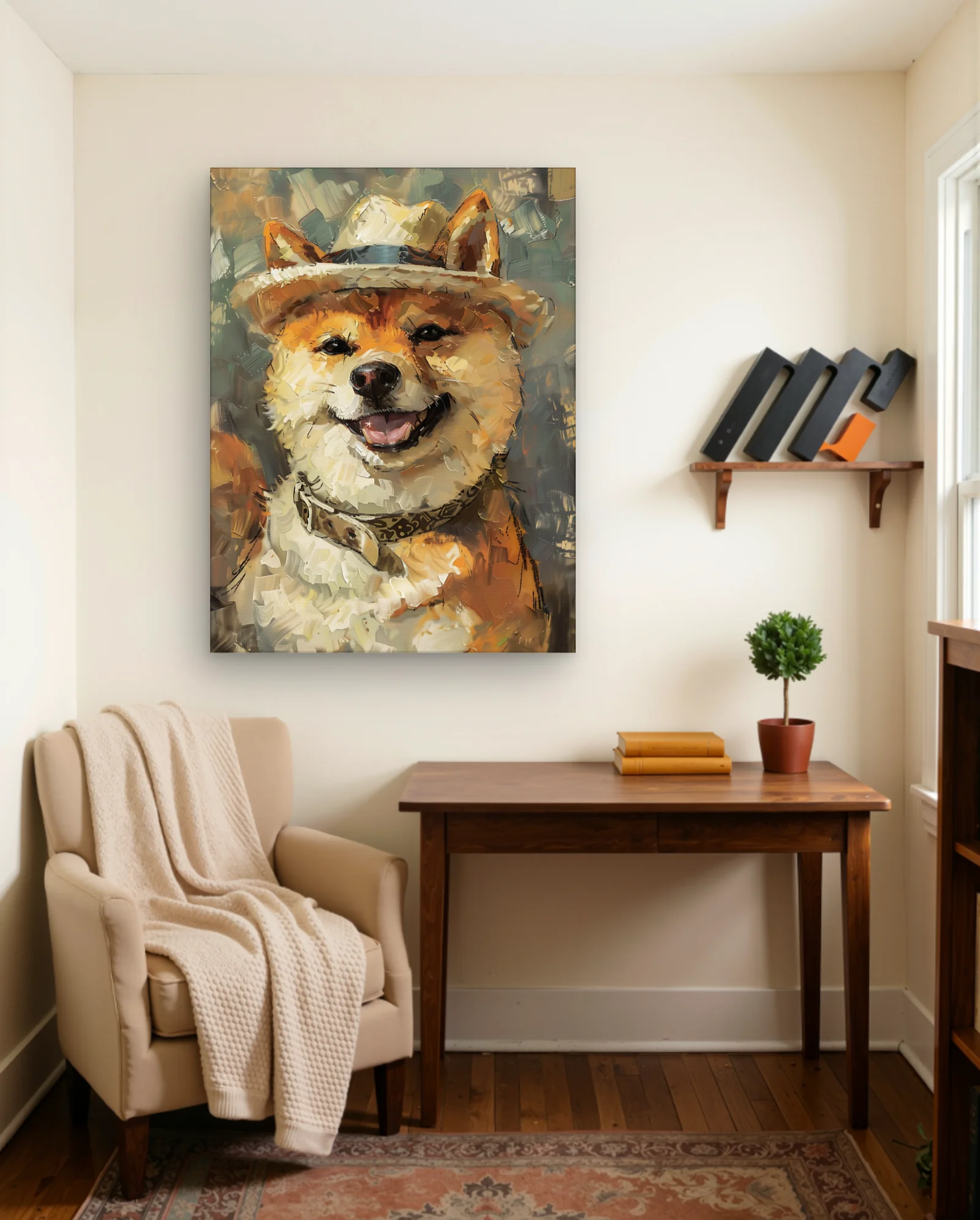 Shiba Inu Grinning Straw Hat Wall Art — framed wall art poster by Memocult