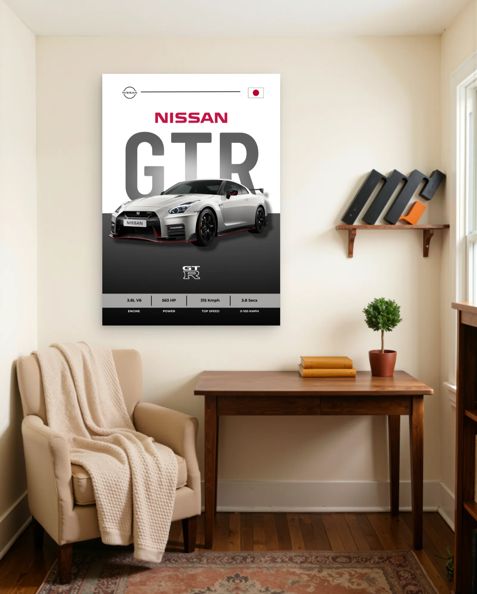 Nissan GT-R Silver Red Accents Poster — framed wall art poster by Memocult