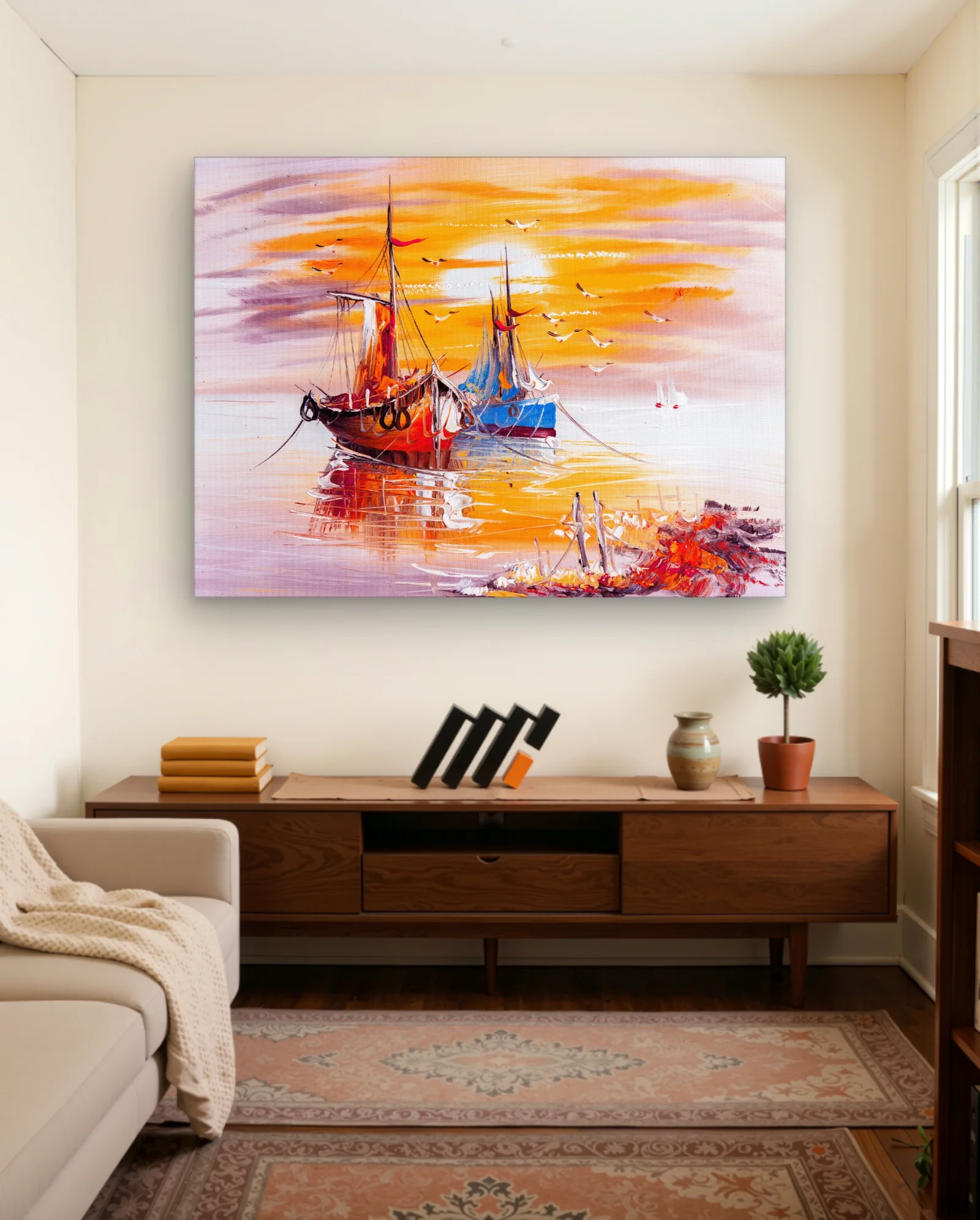 Sunset Harbor — Red and Blue Sailboats with Golden Reflection — framed wall art poster by Memocult