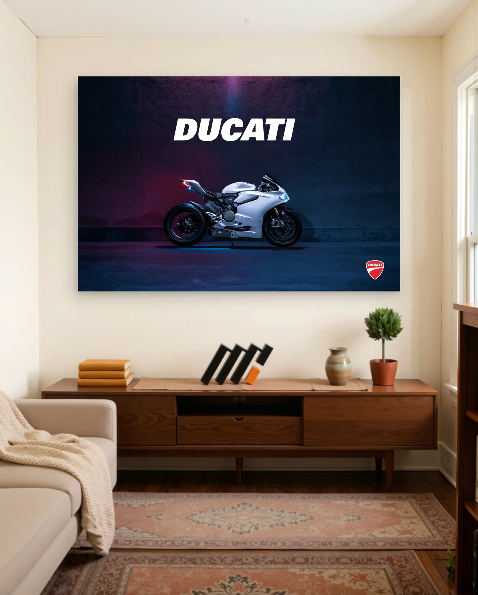 White Ducati 1199 Panigale Poster — framed wall art poster by Memocult