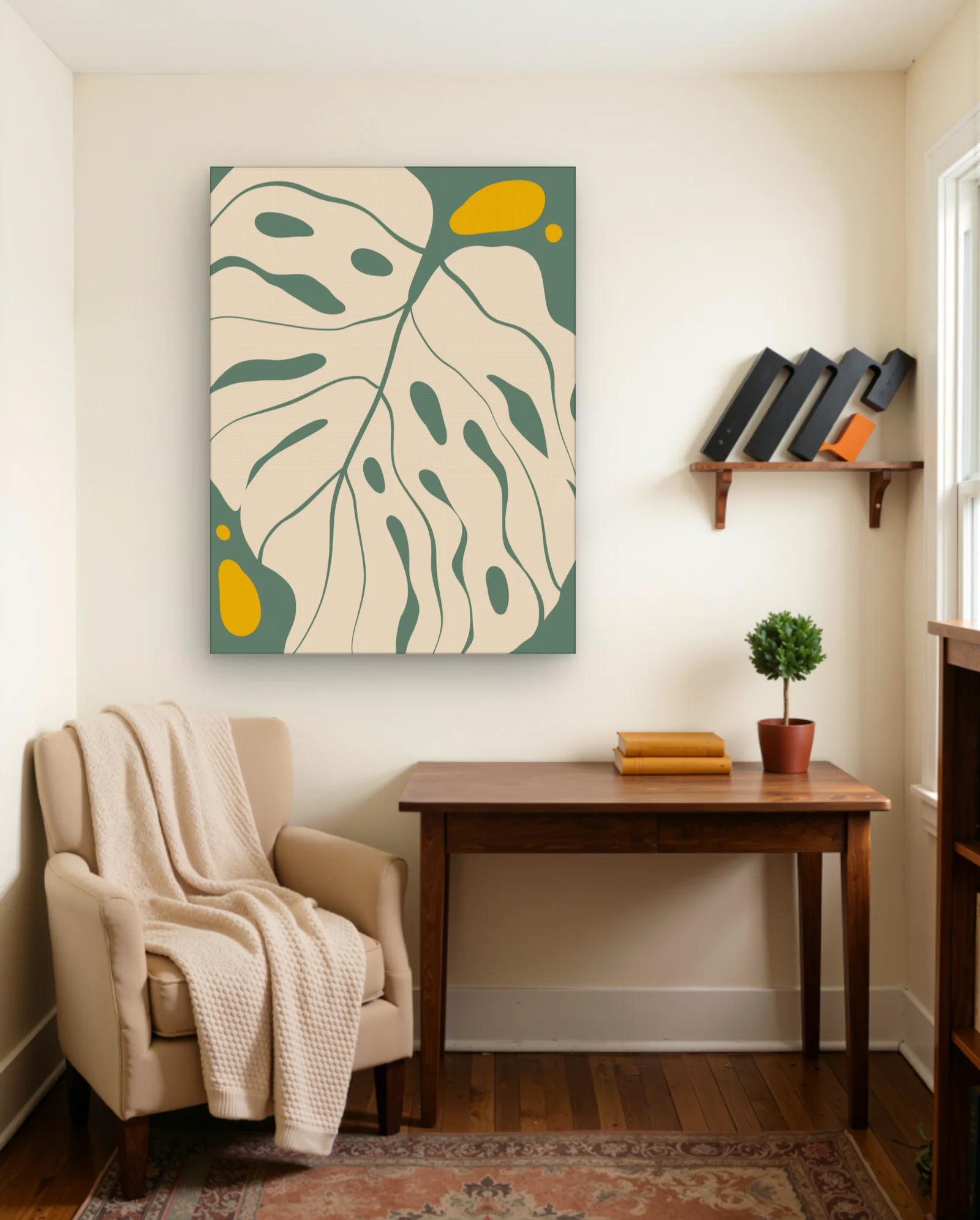Monstera Leaf Sage Mustard Wall Art — framed wall art poster by Memocult