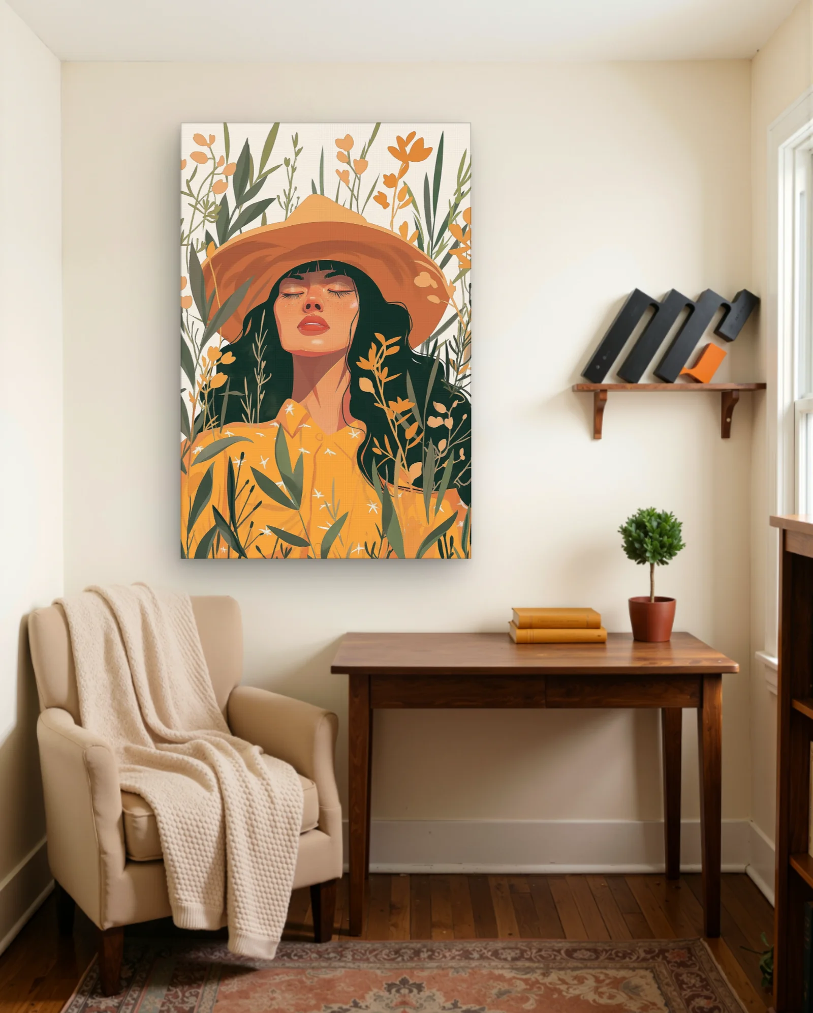 Woman In Wide Brim Hat Yellow Dress Wall Art — Modern Digital Art abstract & modern wall art poster