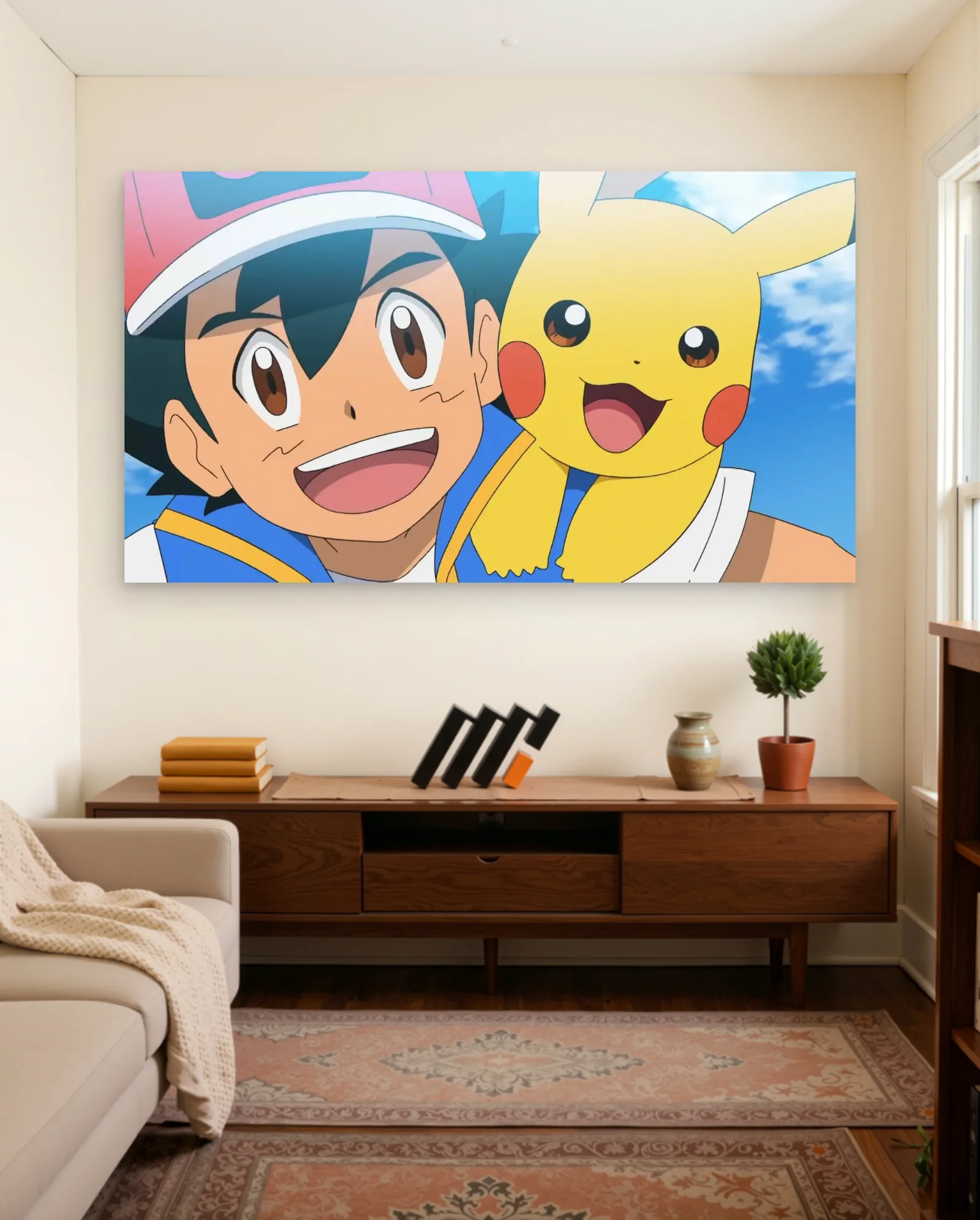 Ash And Pikachu Smiling Poster — framed wall art poster by Memocult