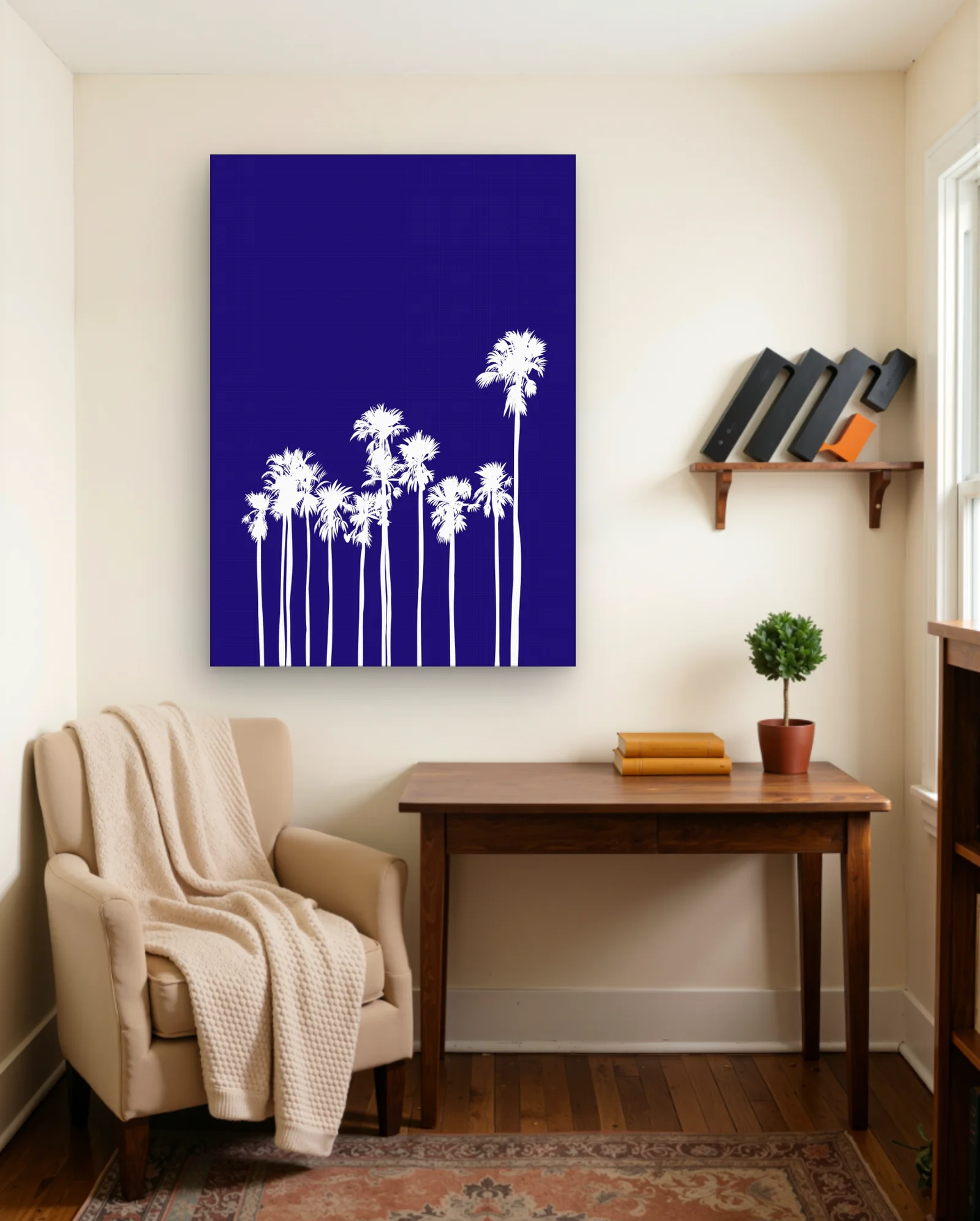 White Palm Trees On Blue Wall Art — framed wall art poster by Memocult