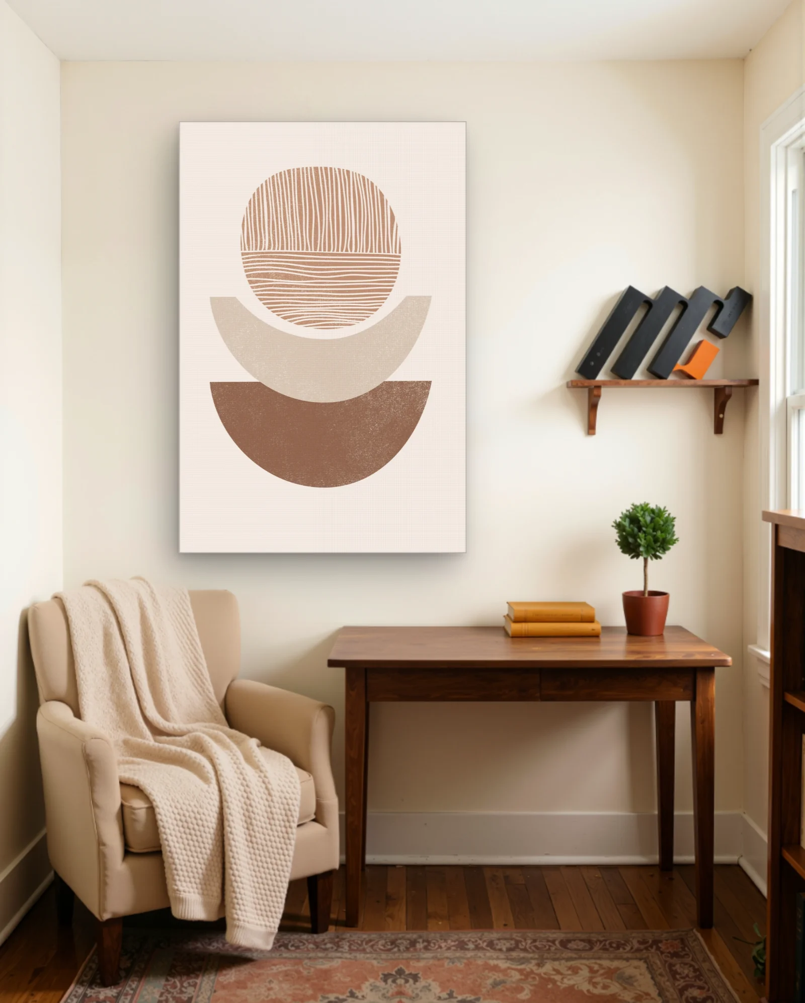 Stacked Textured Semicircles with Striated Sun — Beige & Terracotta — framed wall art poster by Memocult
