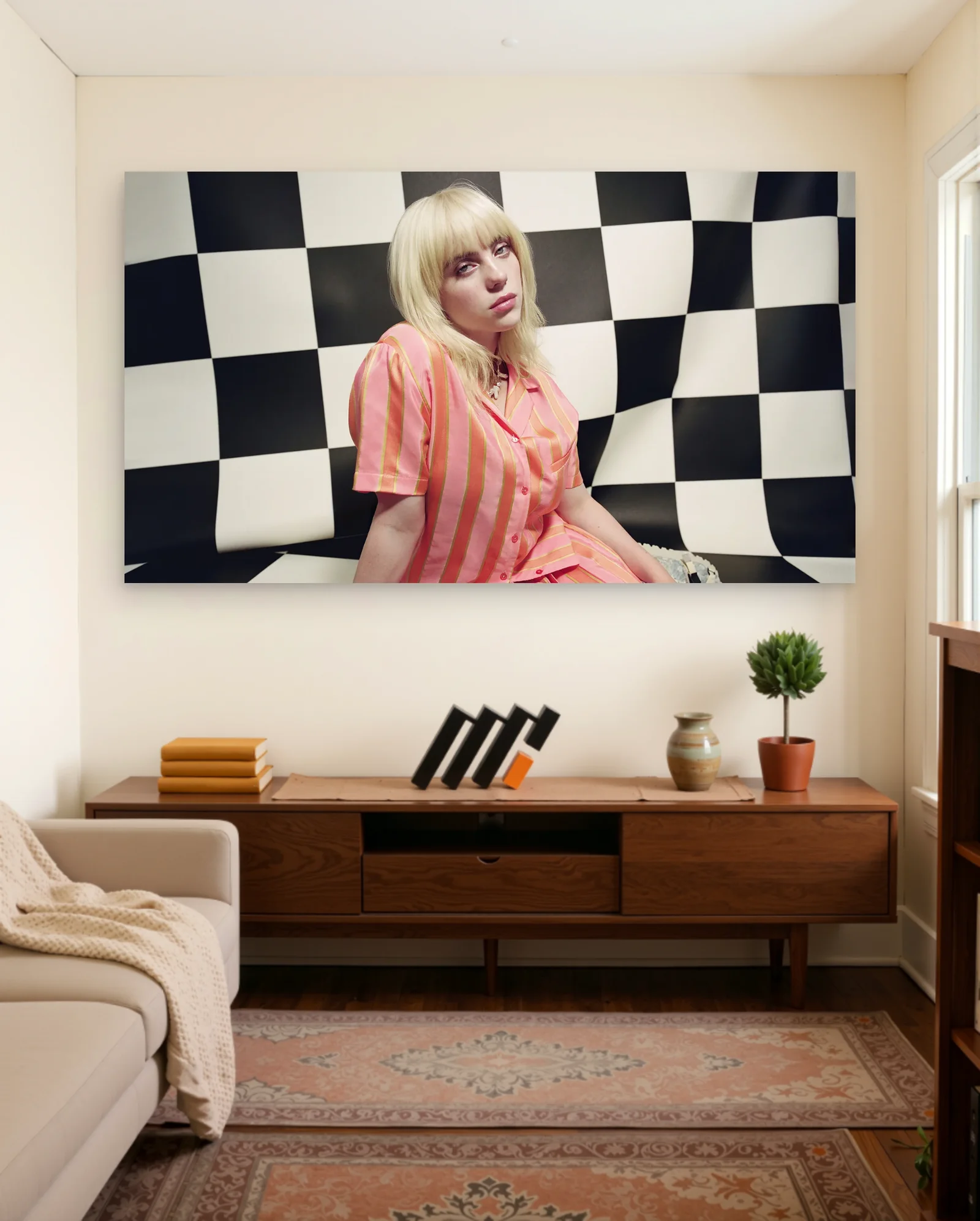 Billie Eilish Pink Orange Stripes Poster — framed wall art poster by Memocult