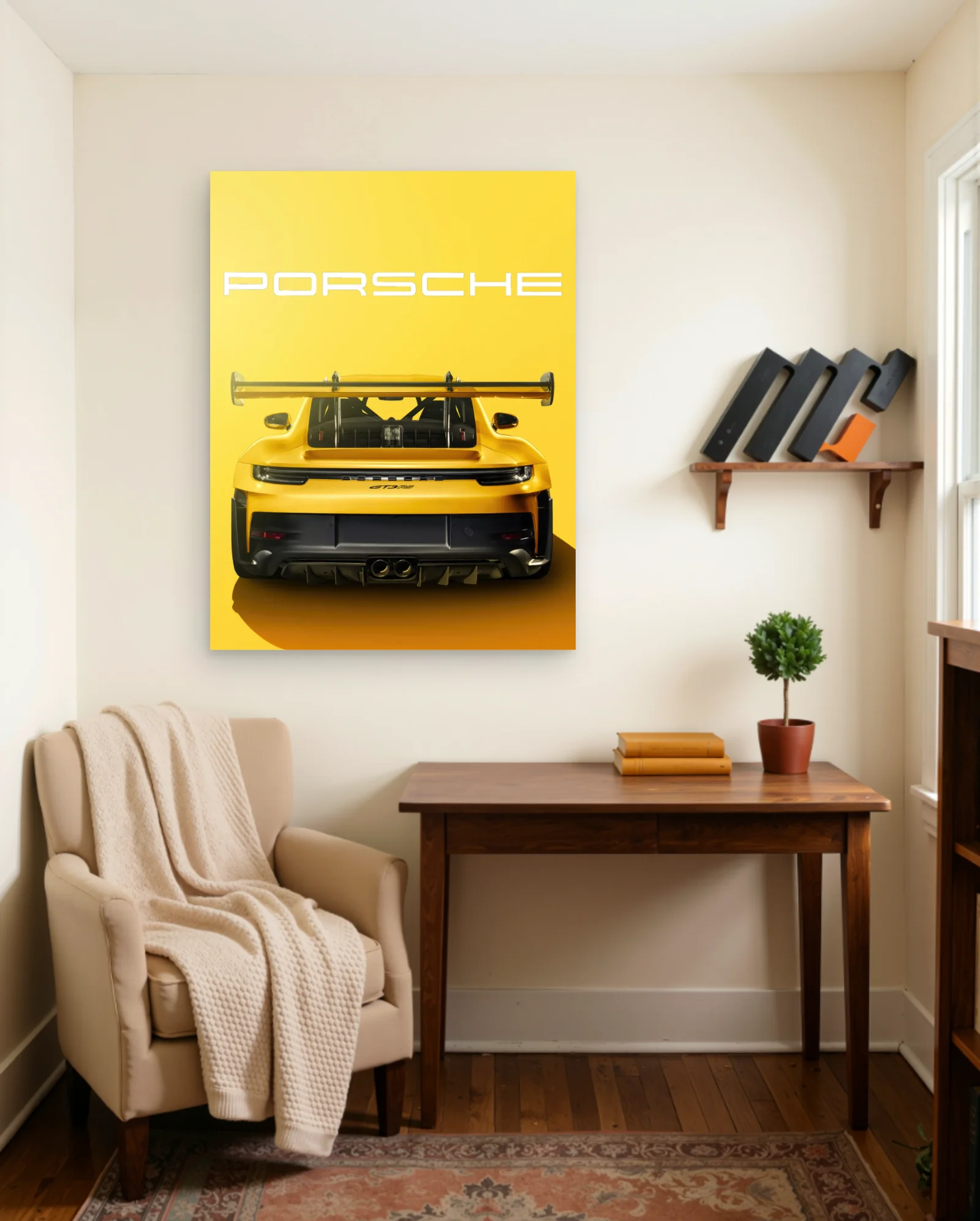 Yellow Porsche 911 GT3 RS Rear Poster — framed wall art poster by Memocult