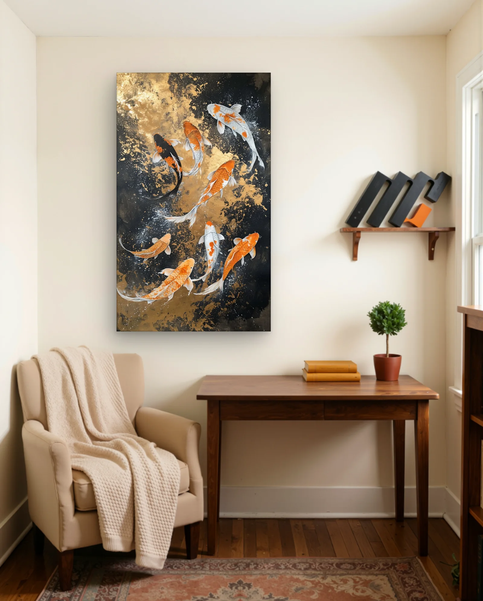 Gold Splatter Koi Fish Art Print — framed wall art poster by Memocult
