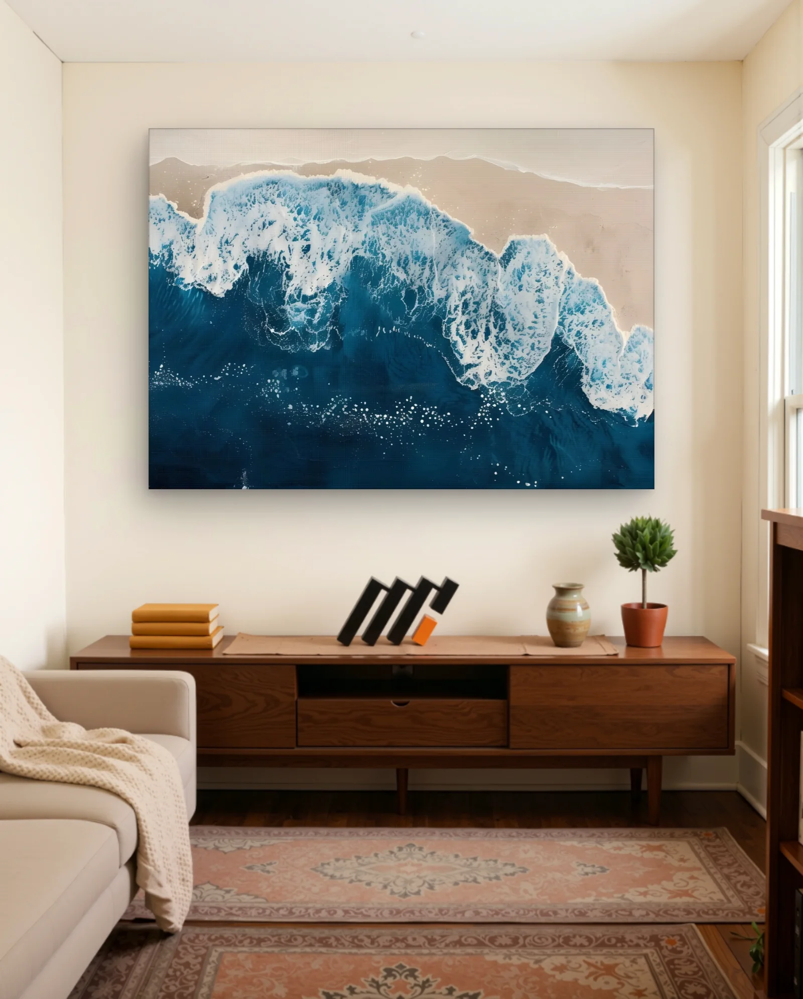 Aerial Blue Ocean Waves On Sand Wall Art — framed wall art poster by Memocult