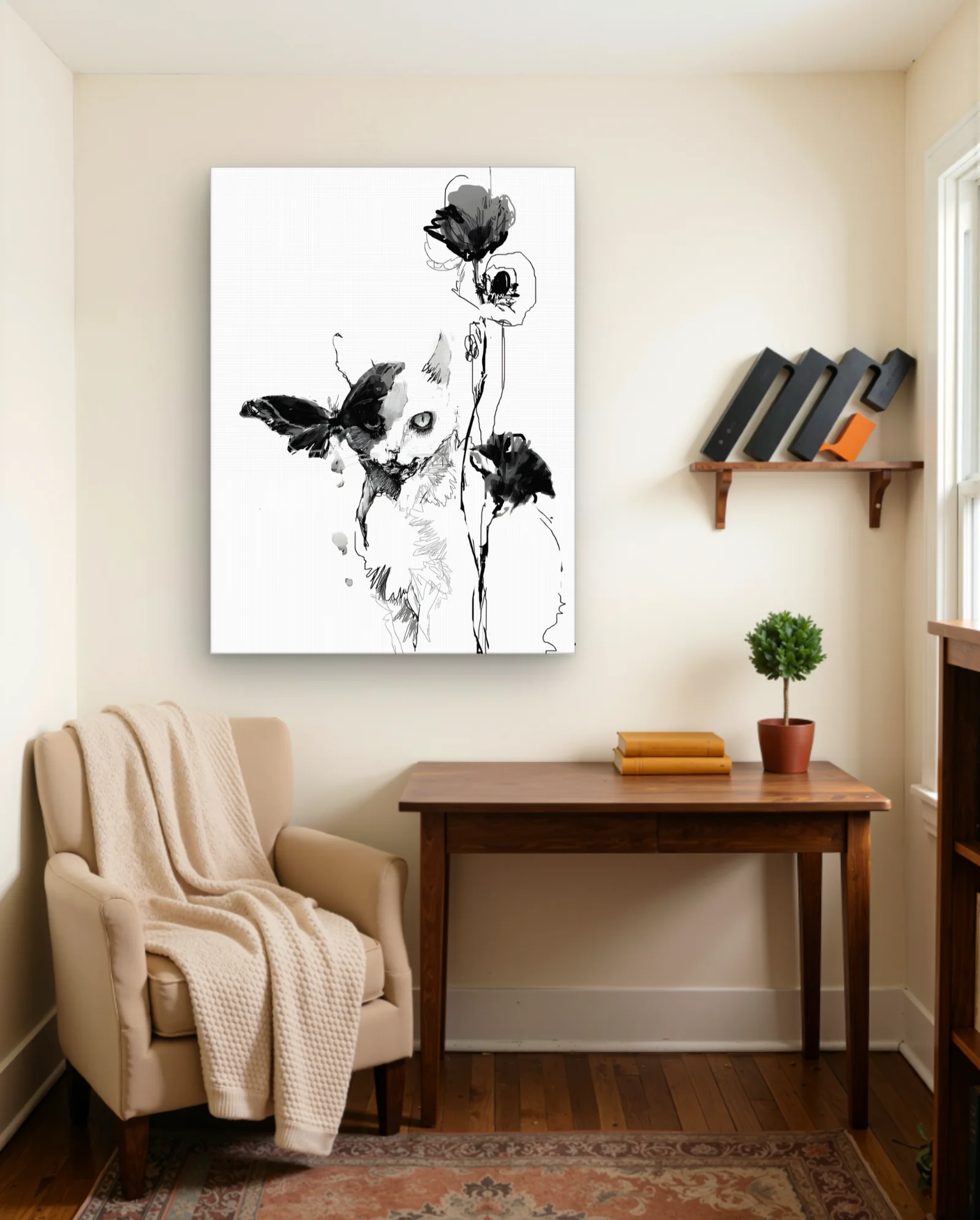 Cat With Butterfly And Poppies Wall Art — framed wall art poster by Memocult
