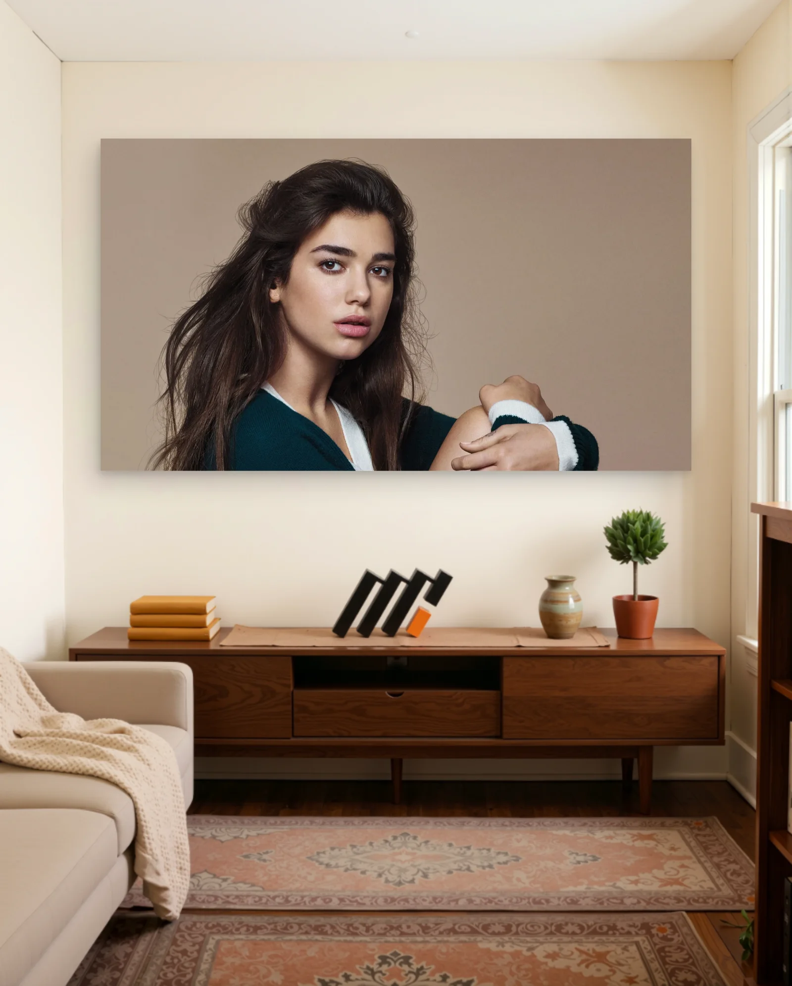 Dua Lipa Green Sweater Poster — framed wall art poster by Memocult