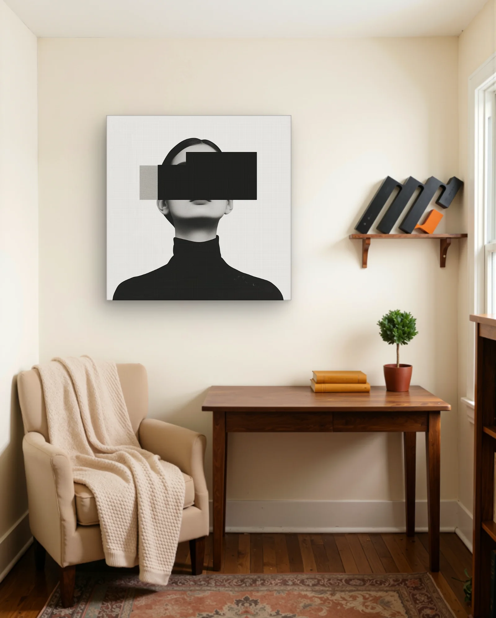 Woman With Black Bar Over Eyes Wall Art — framed wall art poster by Memocult