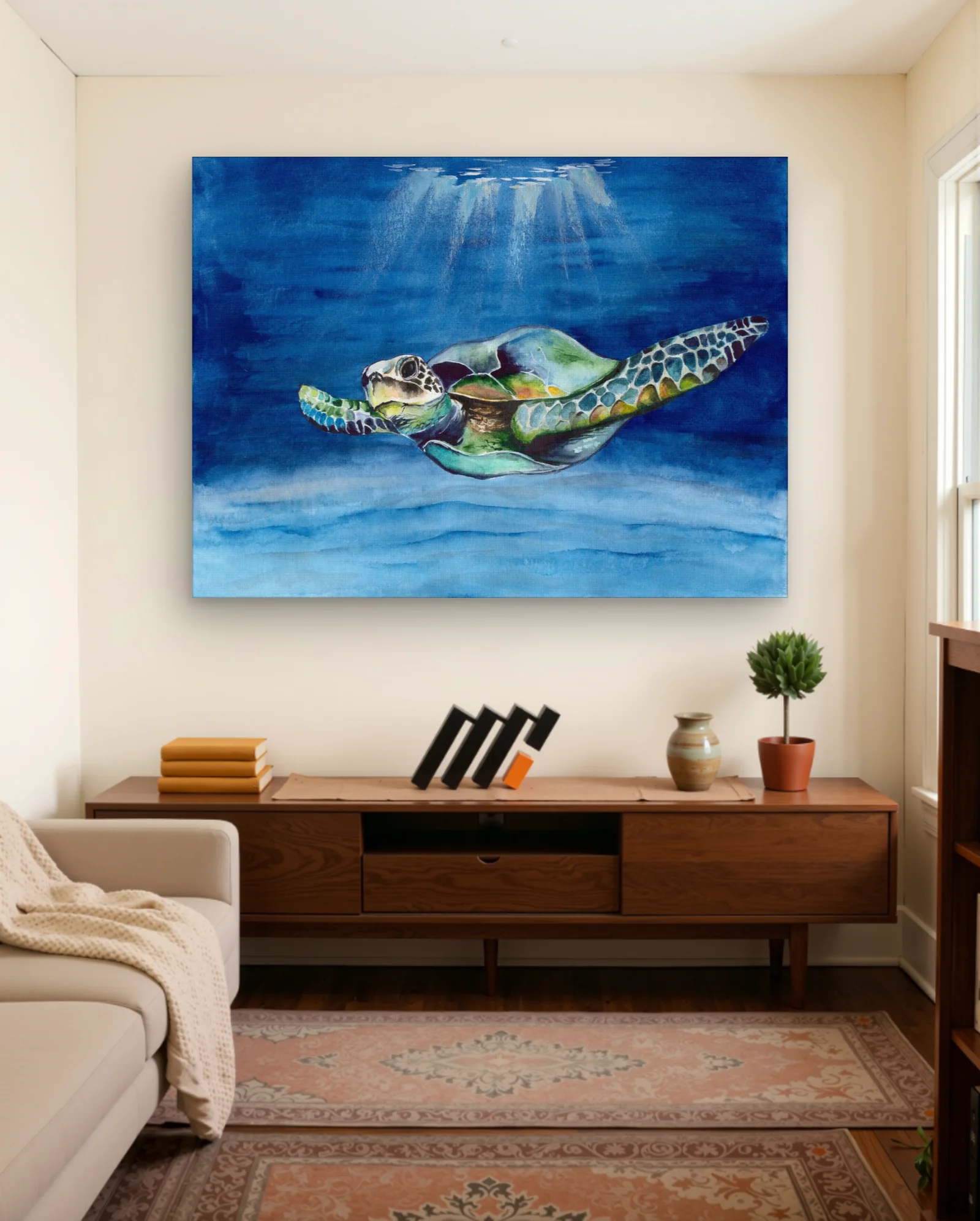 Green Sea Turtle Sunlit Underwater Wall Art — framed wall art poster by Memocult