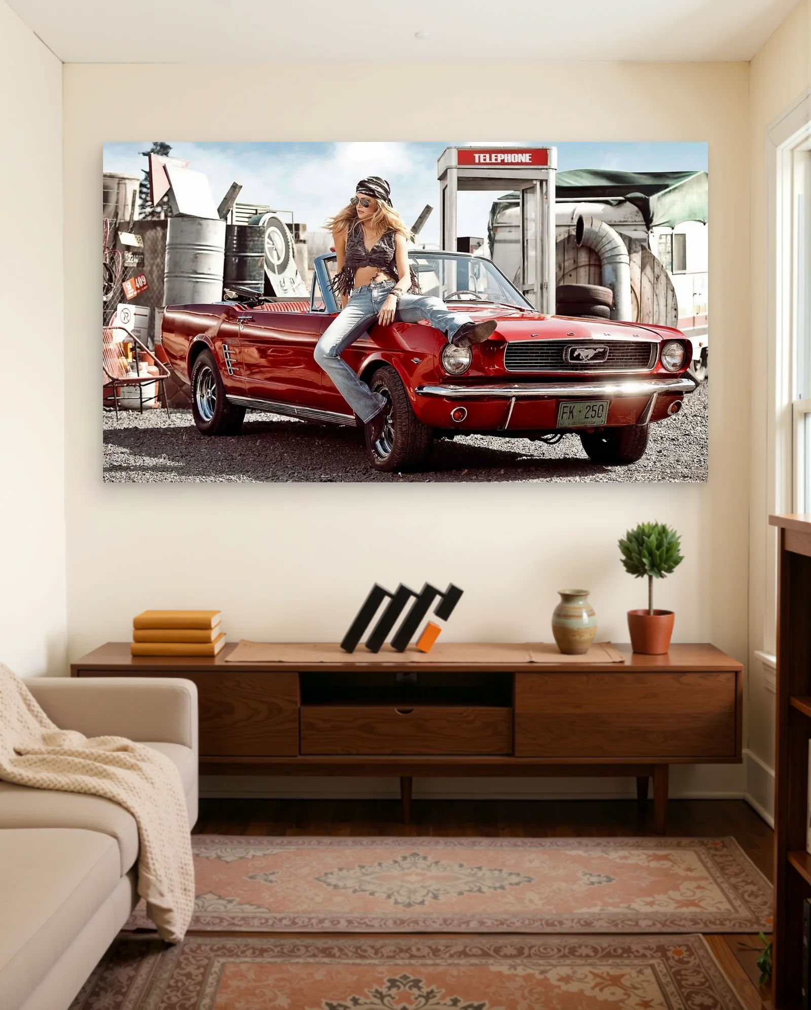 Red 1965 Ford Mustang Convertible Pin Up Poster — framed wall art poster by Memocult