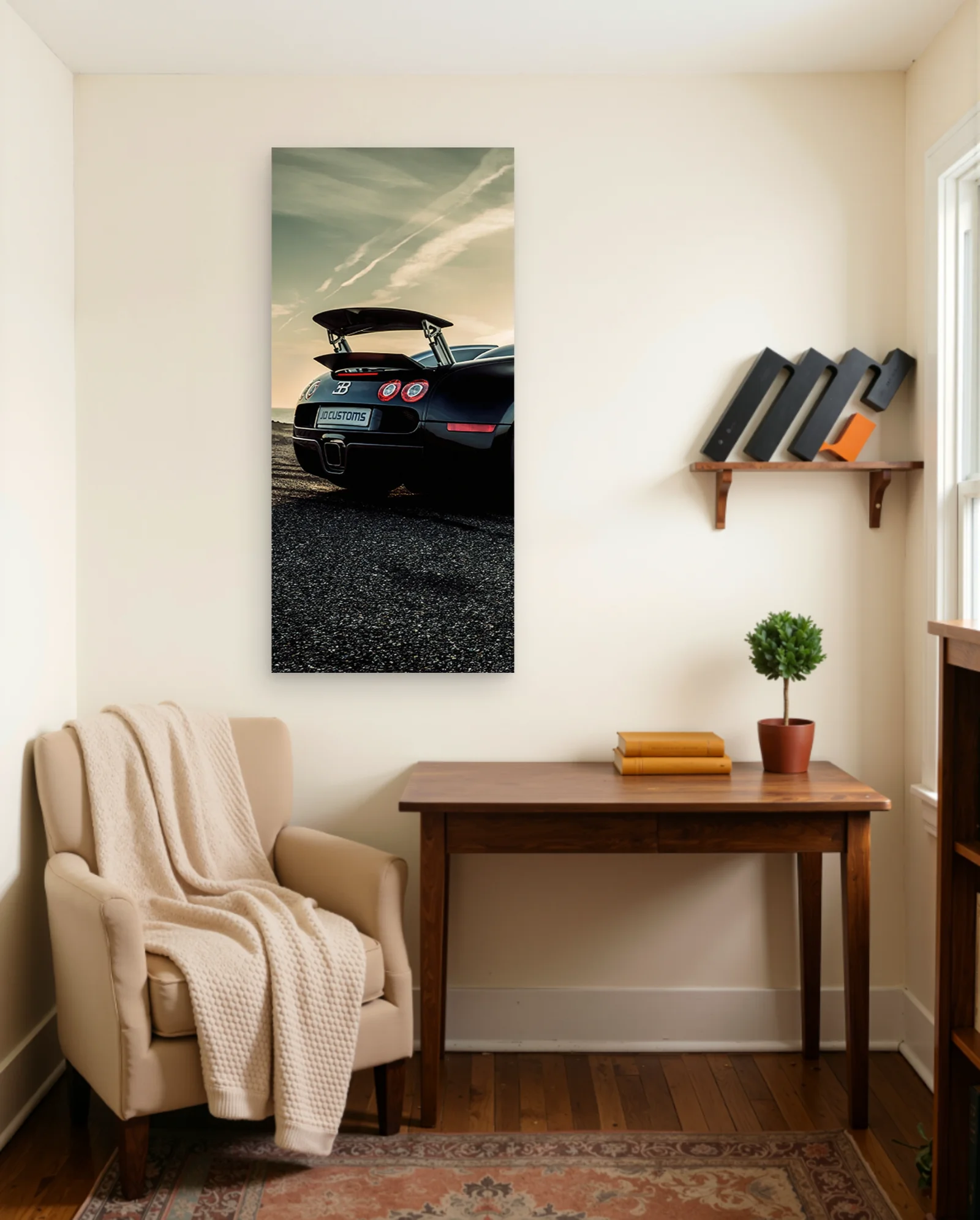 Bugatti Veyron Rear Wing Coastal Sunset Poster — framed wall art poster by Memocult