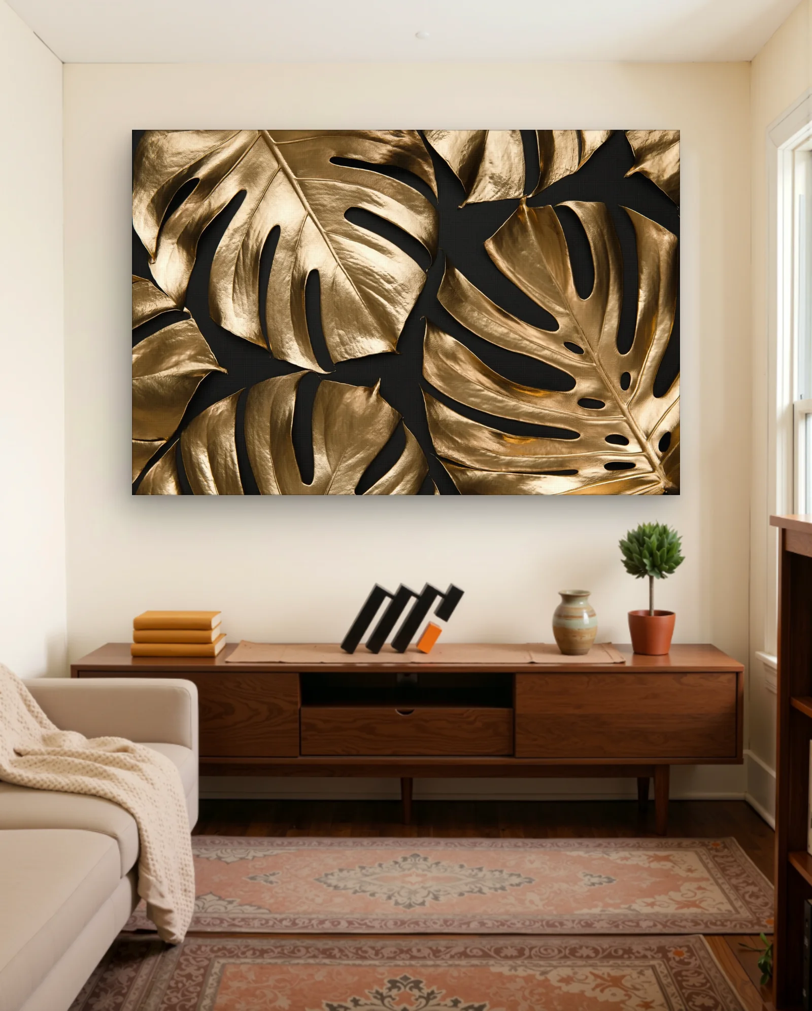 Gold Monstera Leaf Close‑up on Matte Black — Abstract abstract & modern wall art poster