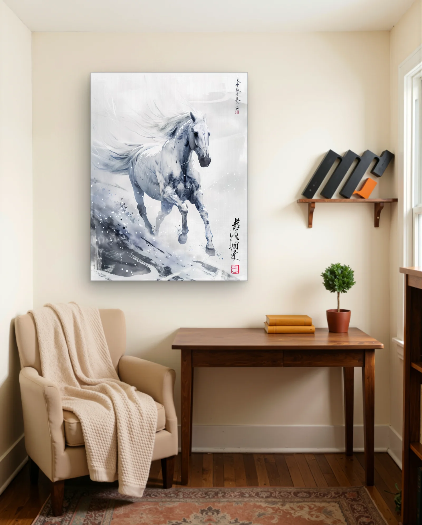 White Horse Galloping Ink Wash Art Print — framed wall art poster by Memocult
