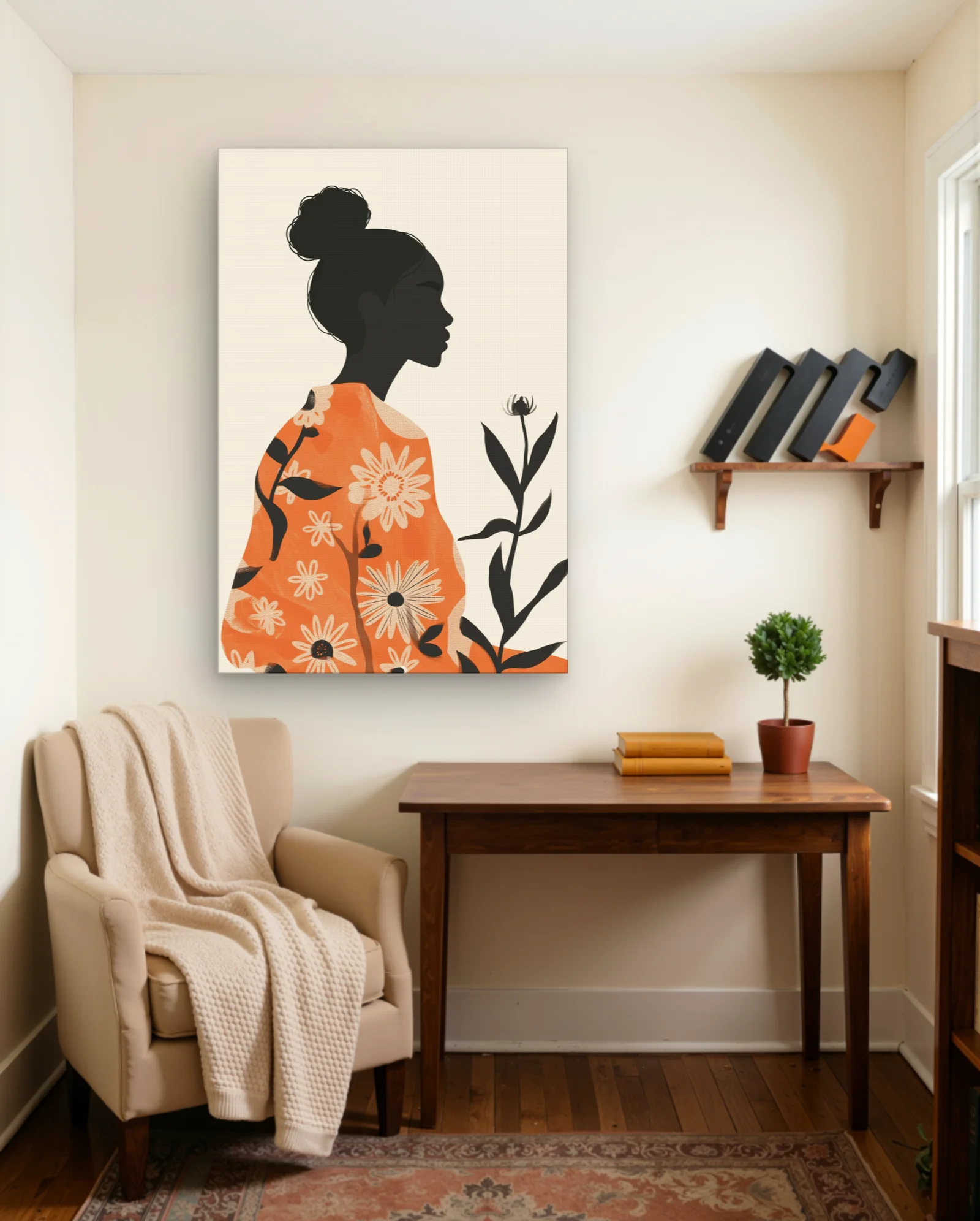 Woman With Topknot Orange Floral Dress Wall Art — framed wall art poster by Memocult