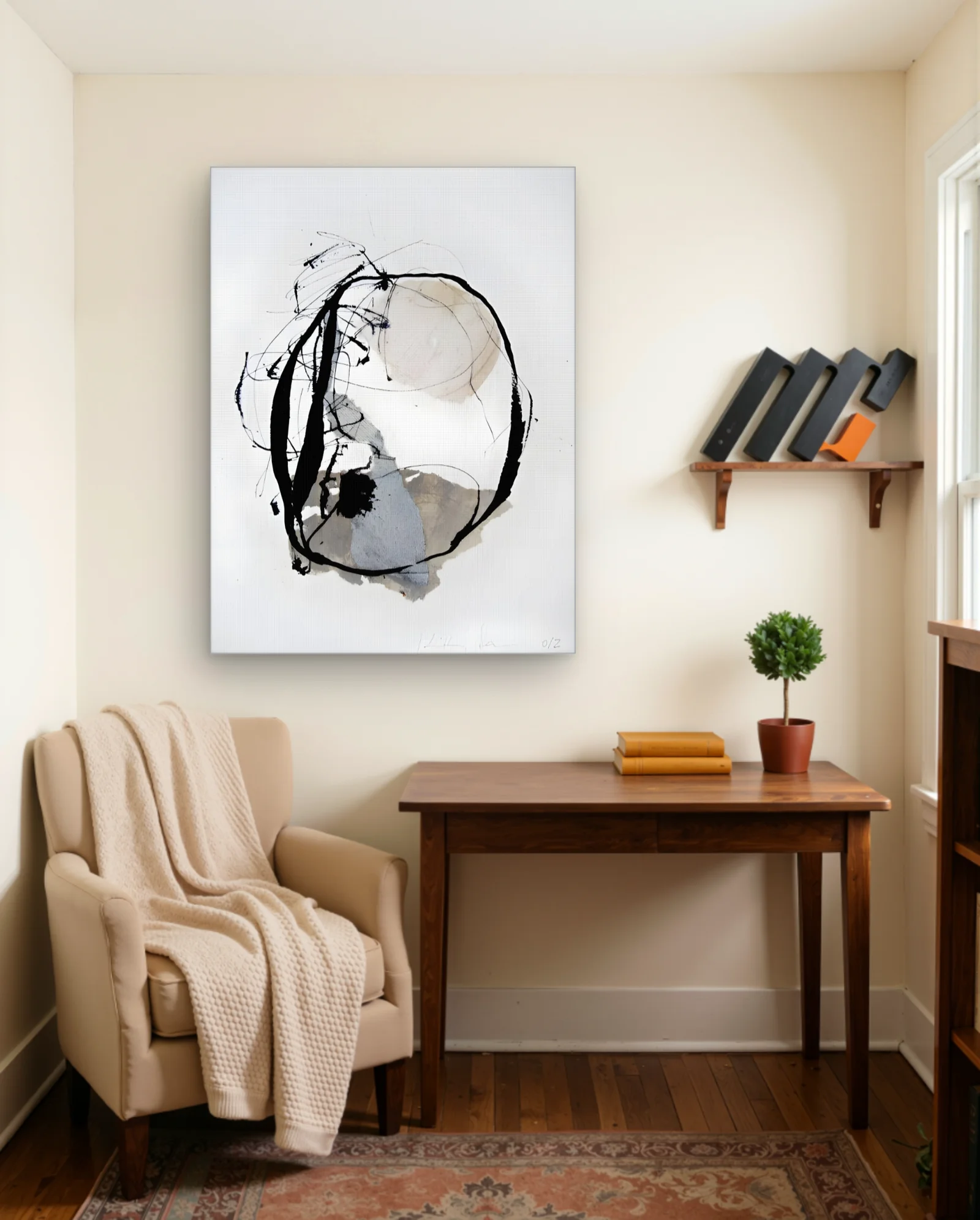 Monochrome Loop — Large Ink Gesture with Neutral Wash — Abstract abstract & modern wall art poster