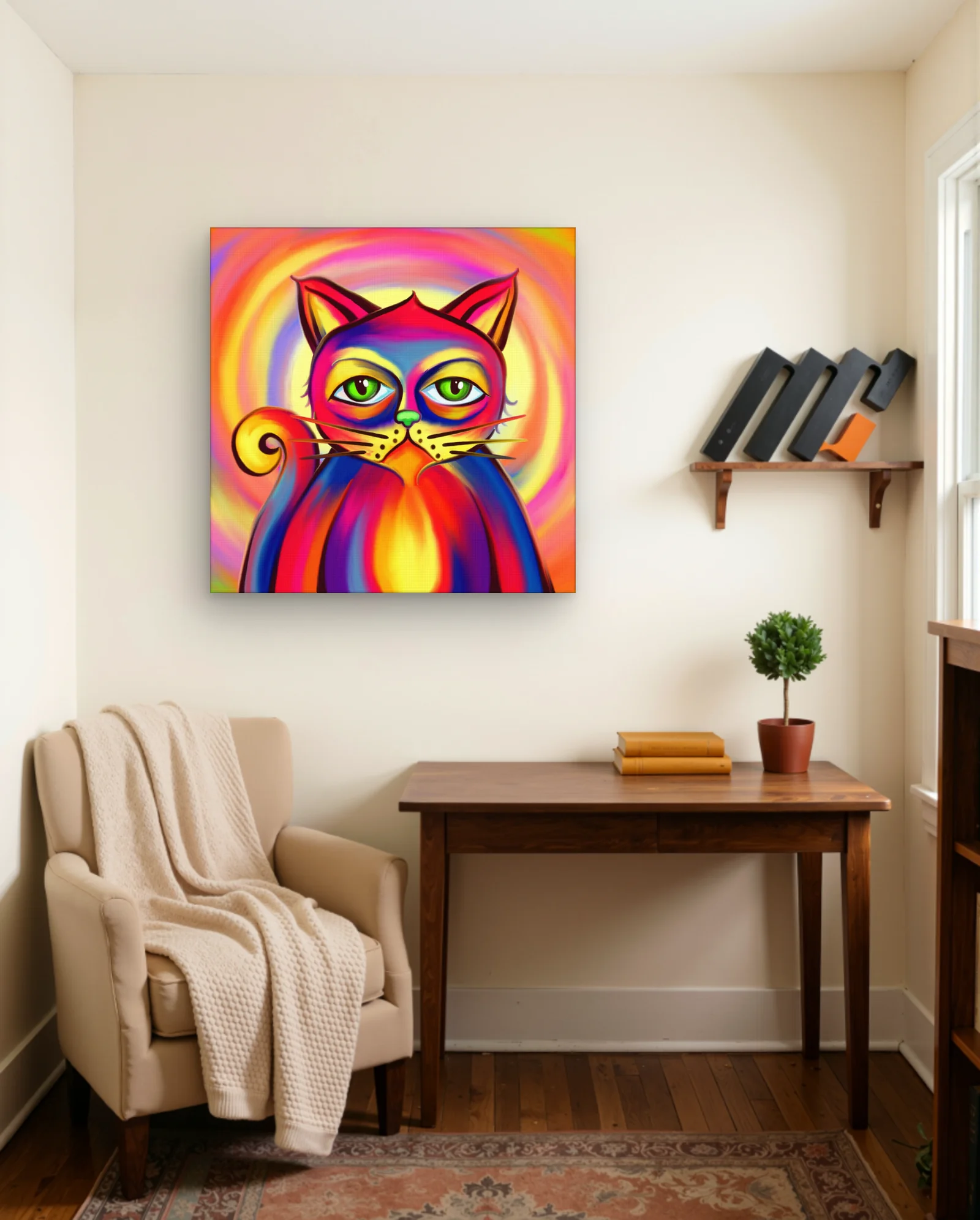 Rainbow Cat Green Eyes Swirl Wall Art — framed wall art poster by Memocult
