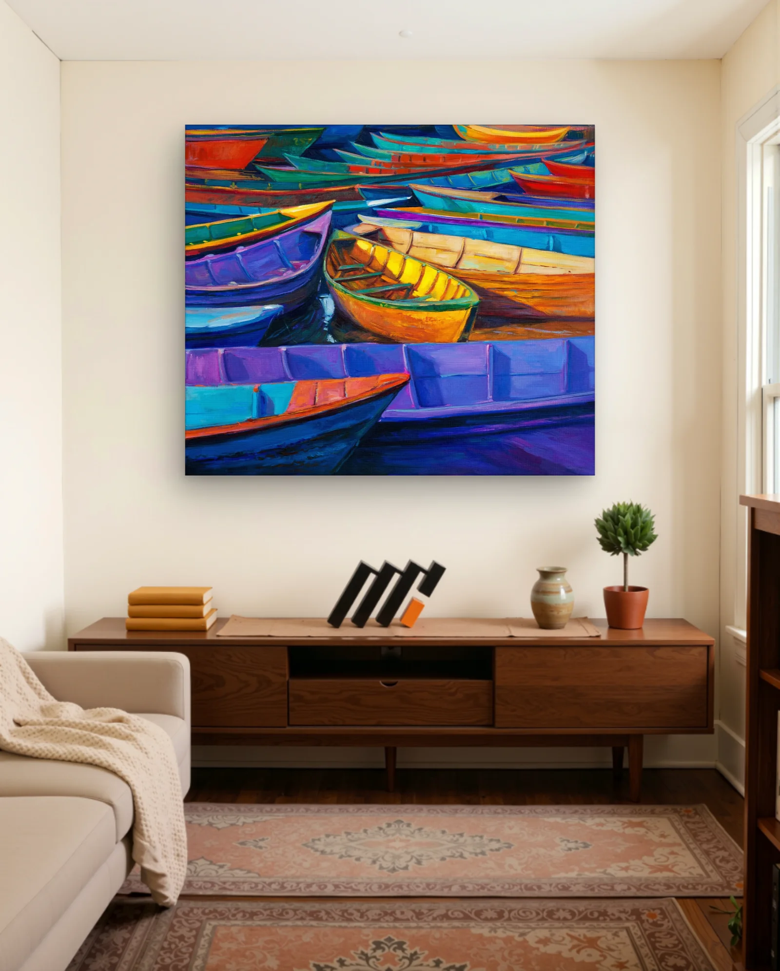 Colorful Rowboats Moored Together Wall Art — framed wall art poster by Memocult