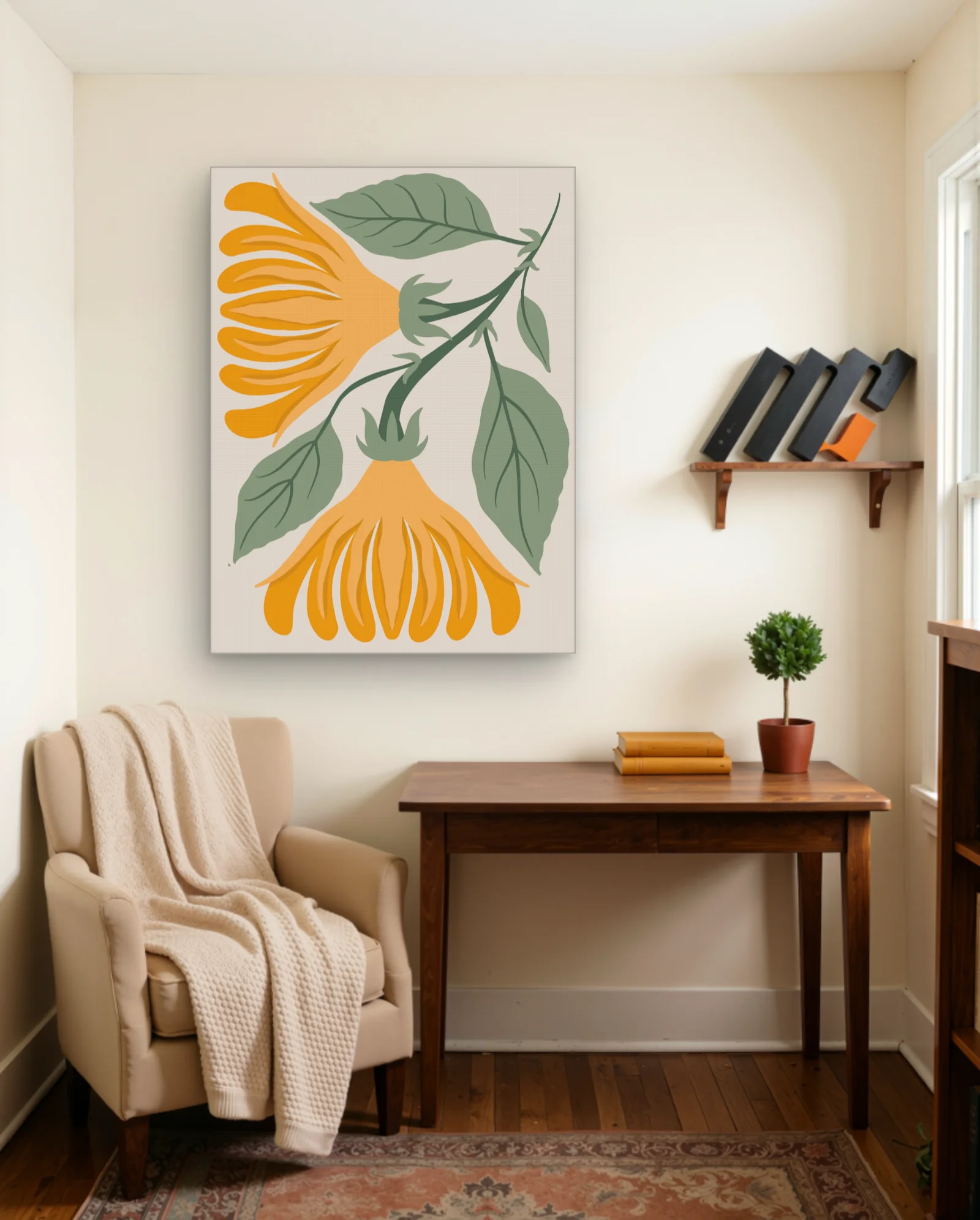 Yellow Orange Flowers Green Leaves Wall Art — framed wall art poster by Memocult