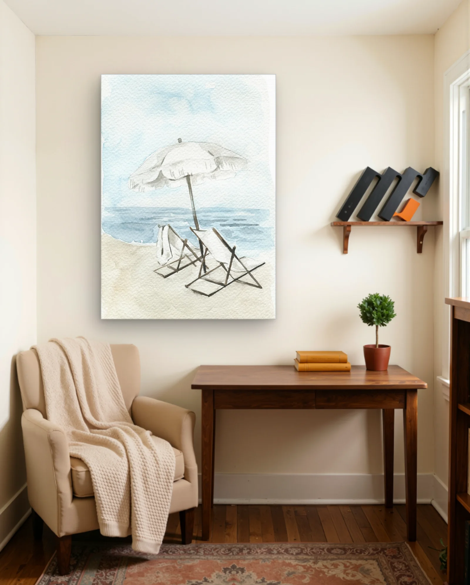 White Beach Umbrella Two Chairs Wall Art — framed wall art poster by Memocult
